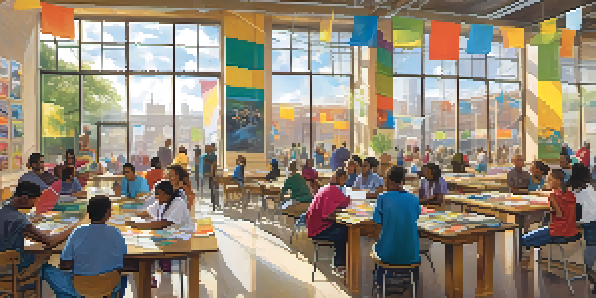 A lively community center with diverse people participating in workshops and training, filled with natural light and colorful banners.