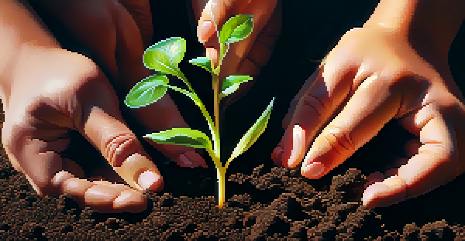 Hands planting seeds in soil, representing growth and new beginnings with sunlight shining down.