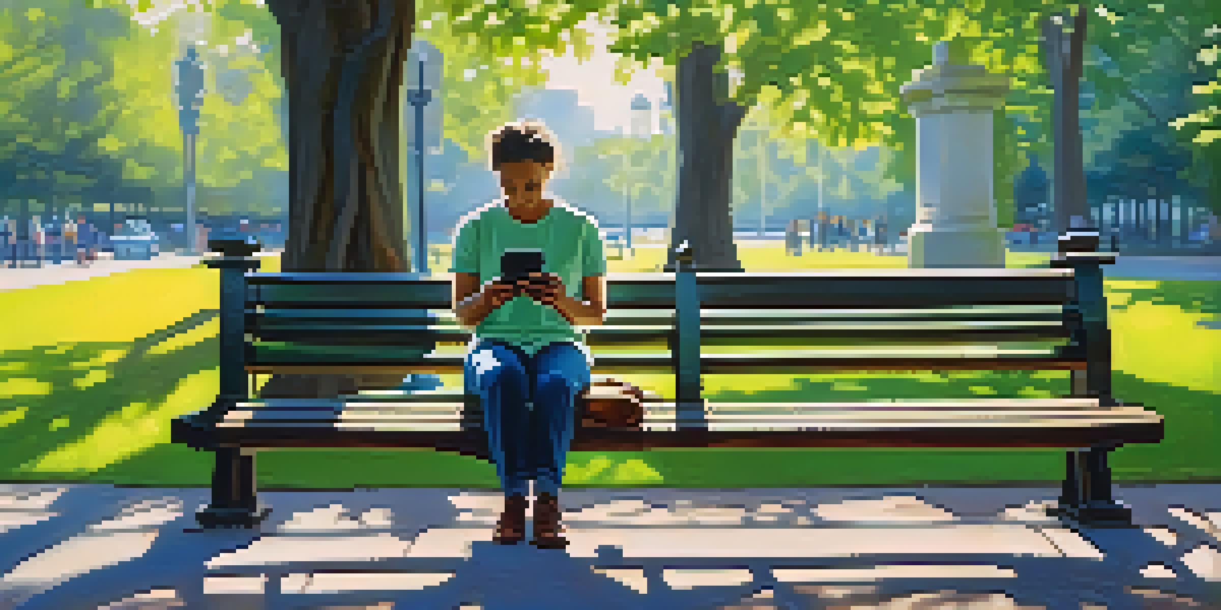 A person in a park using a smartphone, surrounded by greenery and sunlight, conveying a sense of calm and focus.