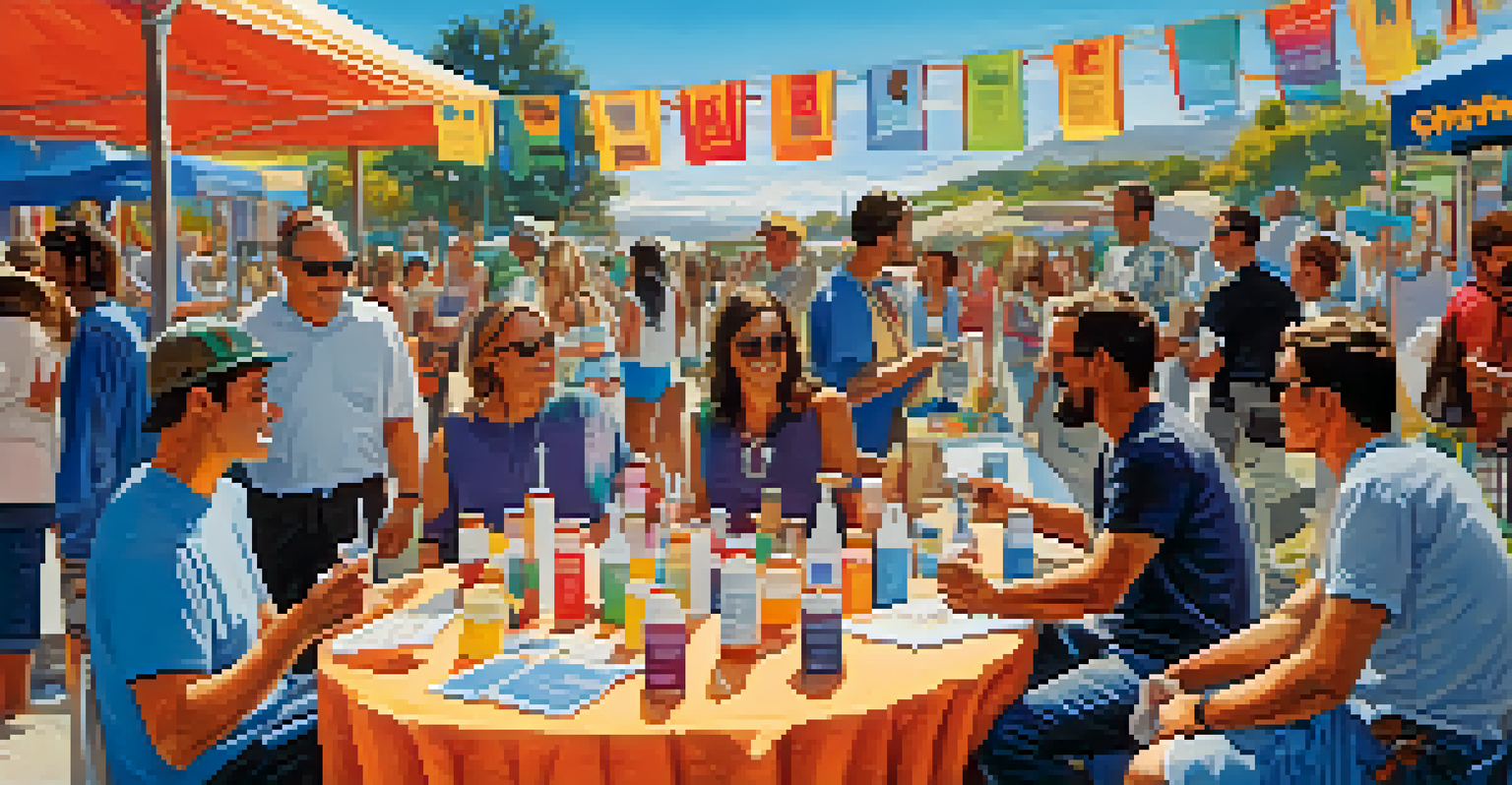 An outdoor harm reduction event with tables for a syringe exchange program, surrounded by community members engaging in conversations.