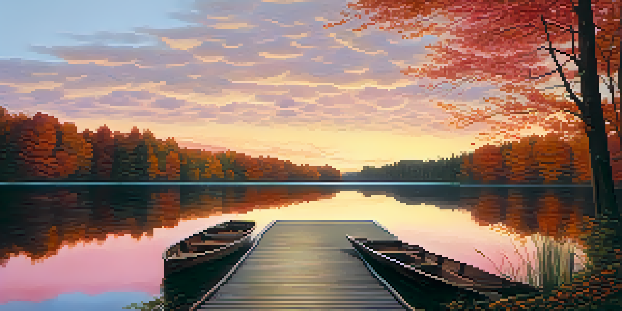 A tranquil autumn scene with a calm lake, colorful trees, and a sunset.