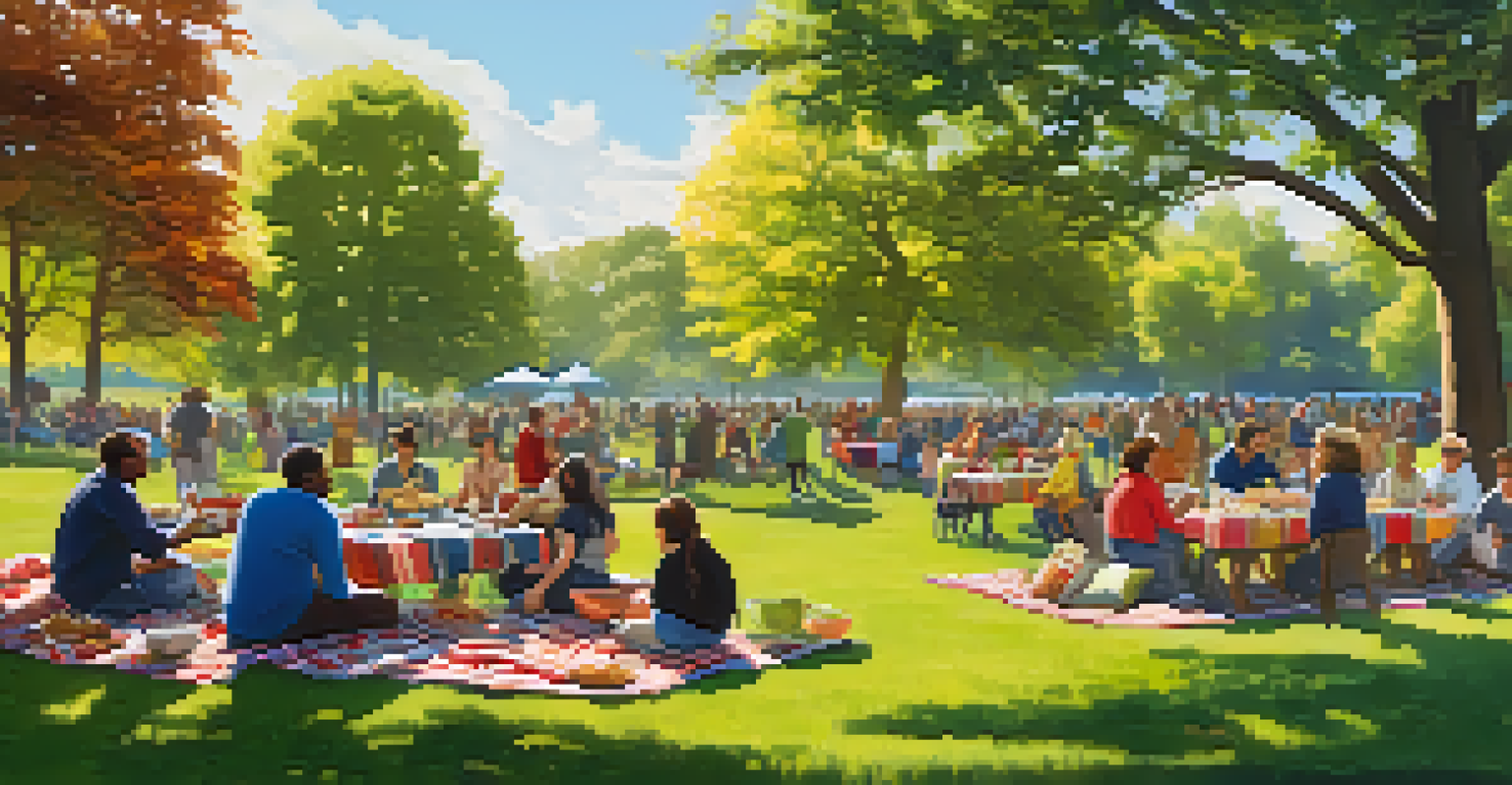 An outdoor picnic in a park with diverse individuals sharing food and enjoying lively conversations under the trees.