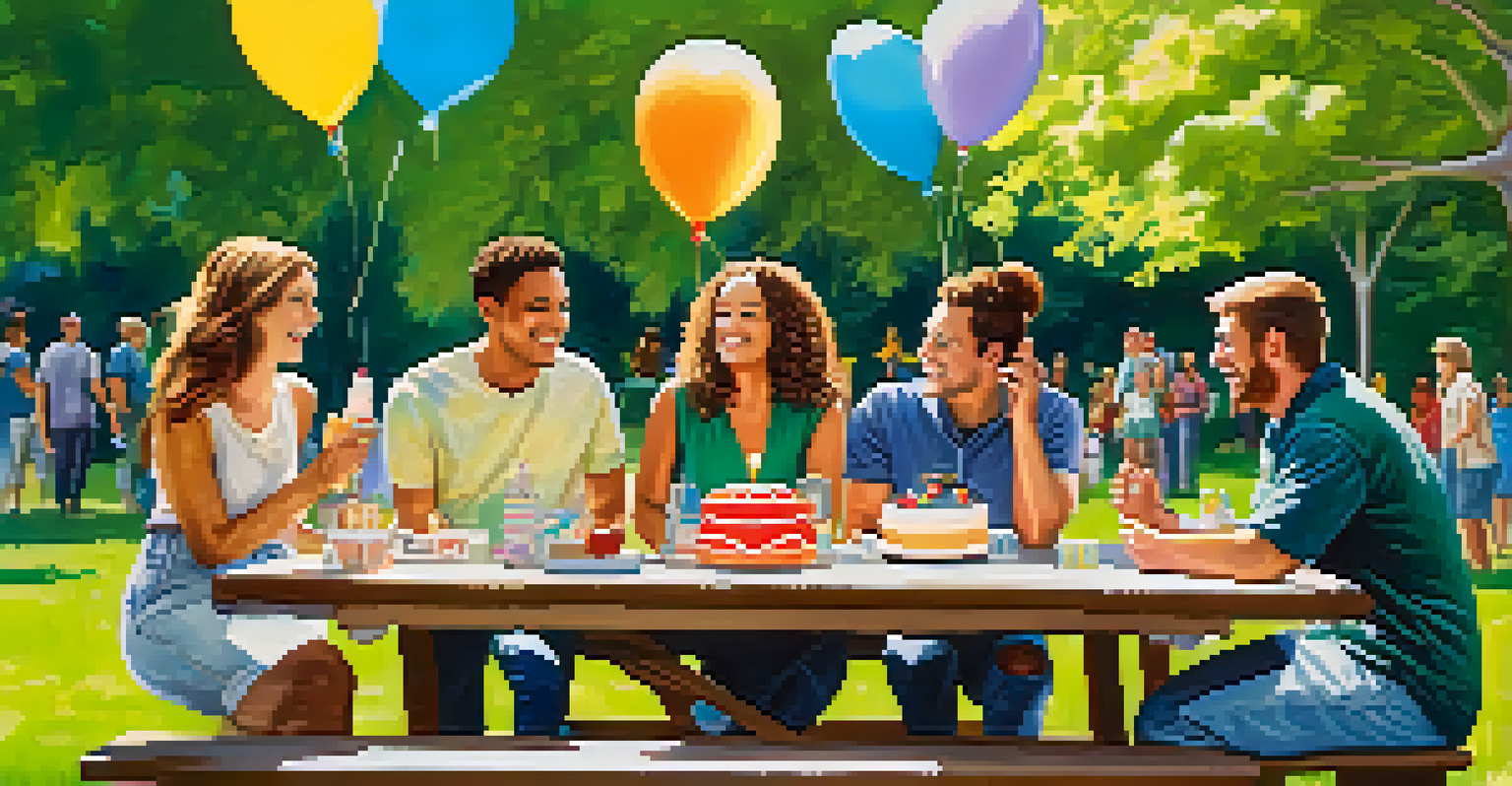 A group of friends celebrating a recovery milestone outdoors in a park, with balloons and a cake on a picnic table, surrounded by vibrant greenery and a blue sky.