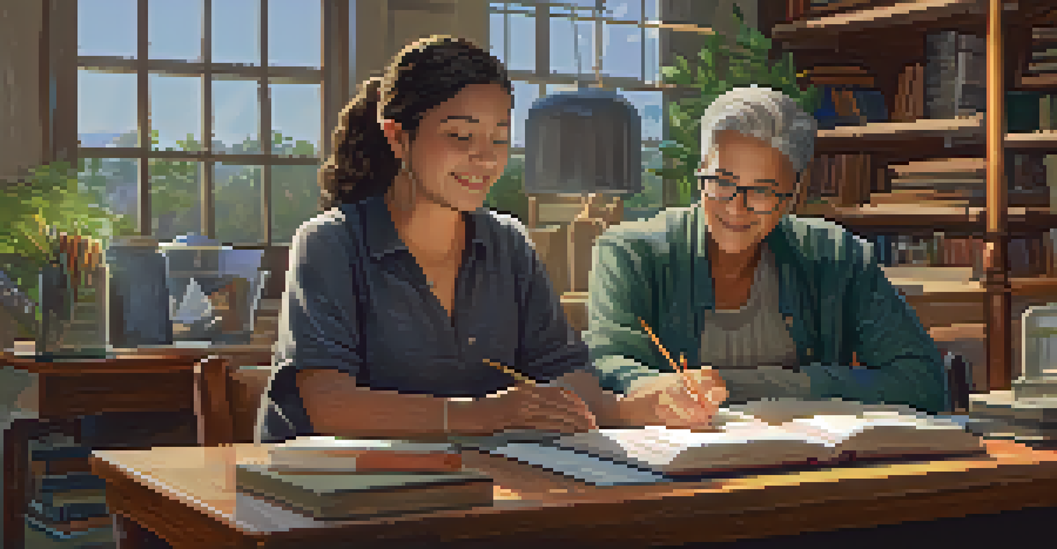 A mentor assisting a mentee at a table in a cozy, book-filled room.