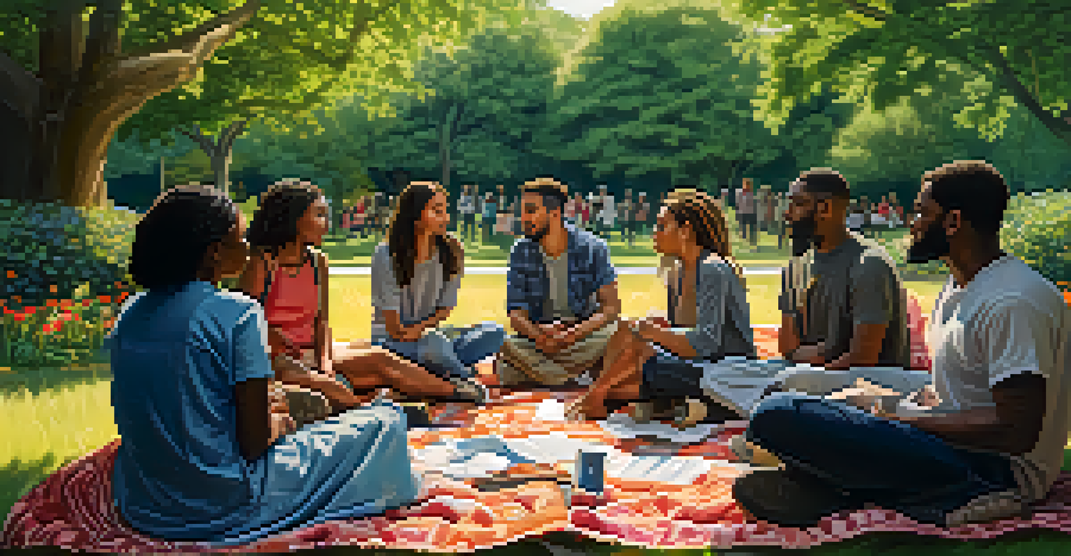 A diverse group of individuals sitting in a circle in a park during a support group meeting, surrounded by nature.