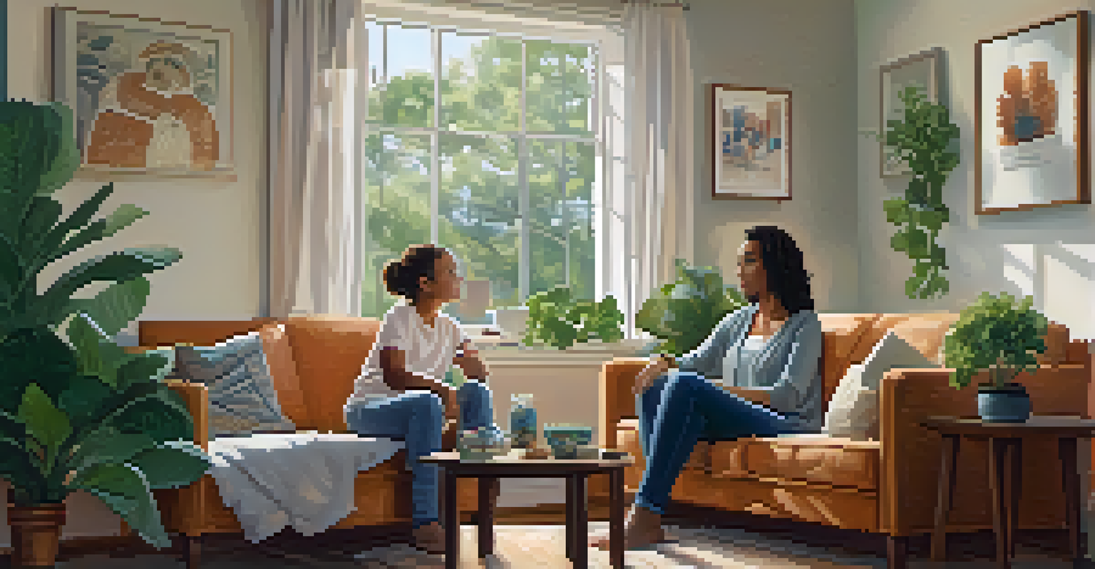 A mother and her teenage child discussing substance use in a cozy living room filled with warmth and family photos.