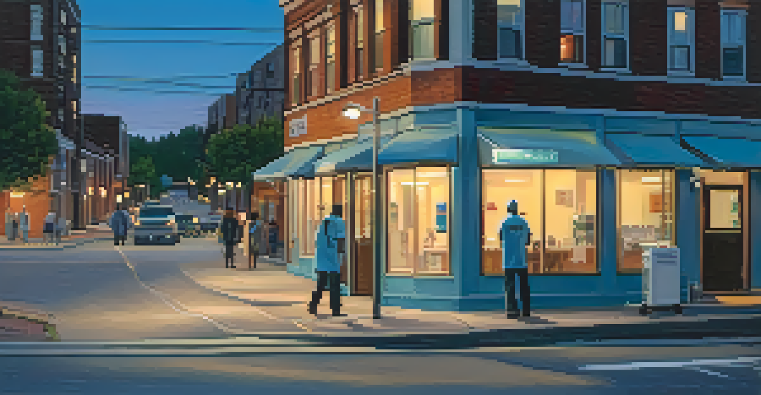 A mobile health unit in an urban setting at dusk, with healthcare professionals engaging with community members.