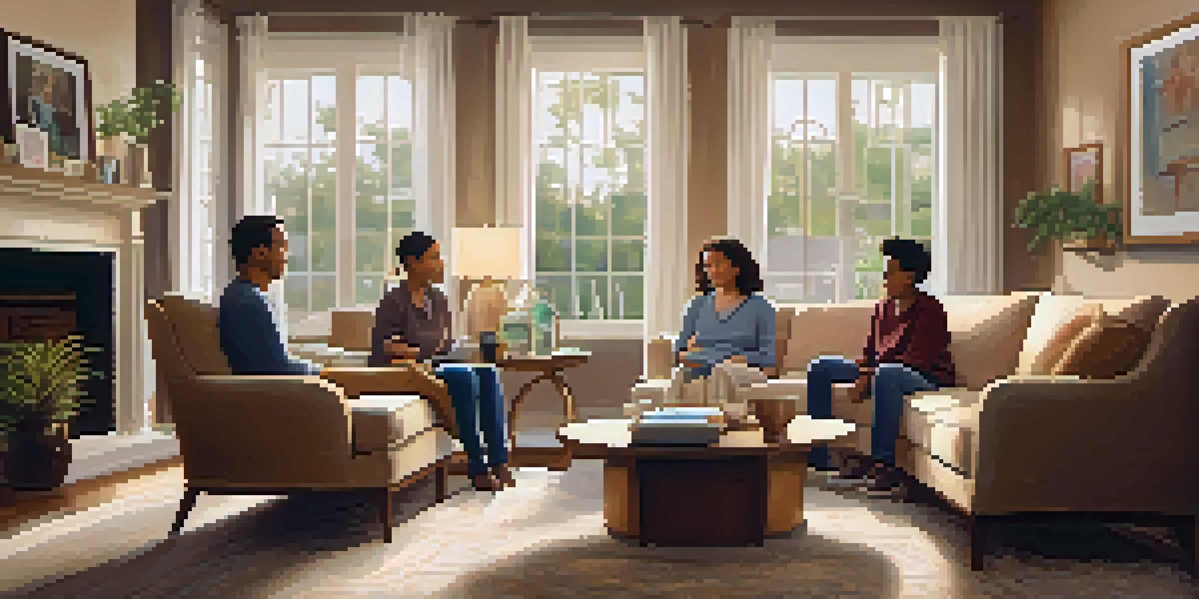 A diverse family sitting in a circular arrangement in a cozy living room, engaged in a supportive discussion.