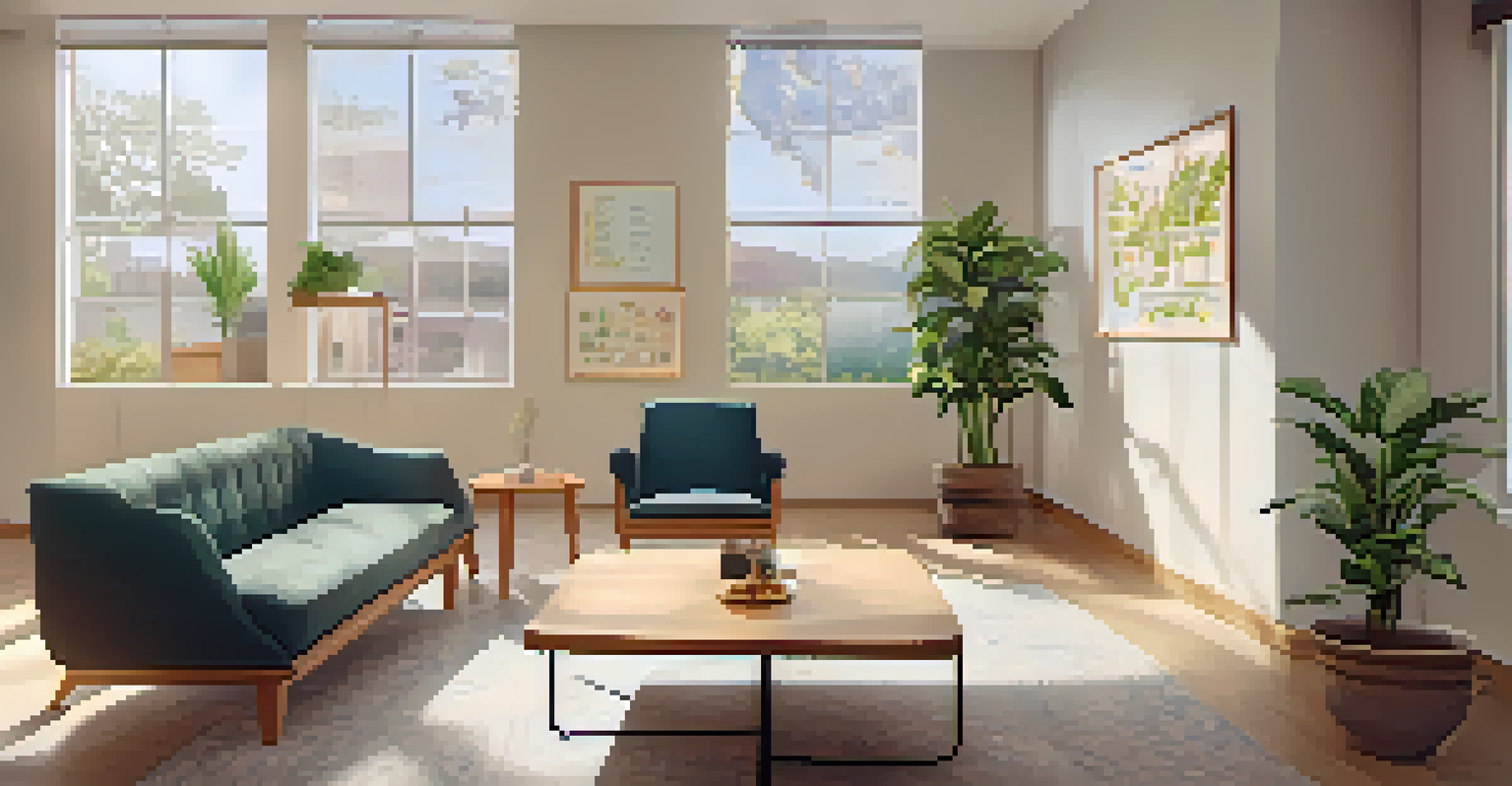 A modern therapy room with a chart on evidence-based practices, featuring a therapist and a client in discussion.
