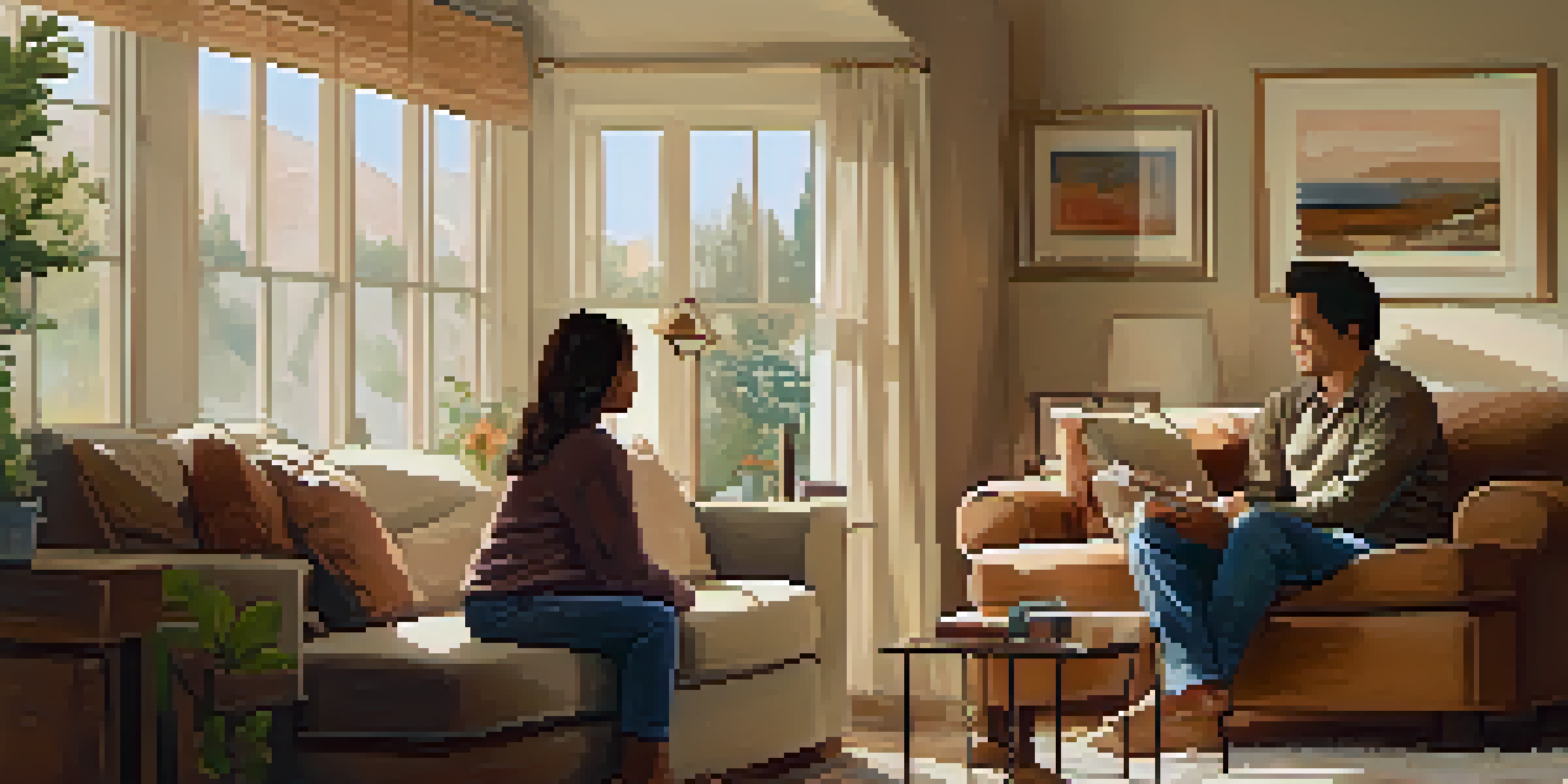 A parent and child having a heartfelt conversation in a cozy living room filled with family photos and soft lighting.