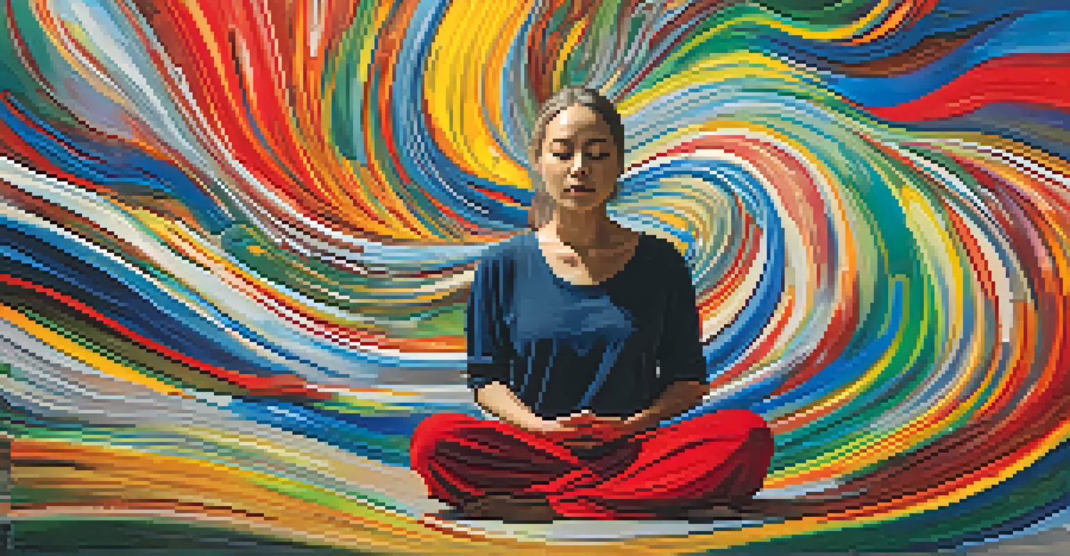 An abstract image showing a figure meditating amidst chaotic colors, symbolizing emotional management.