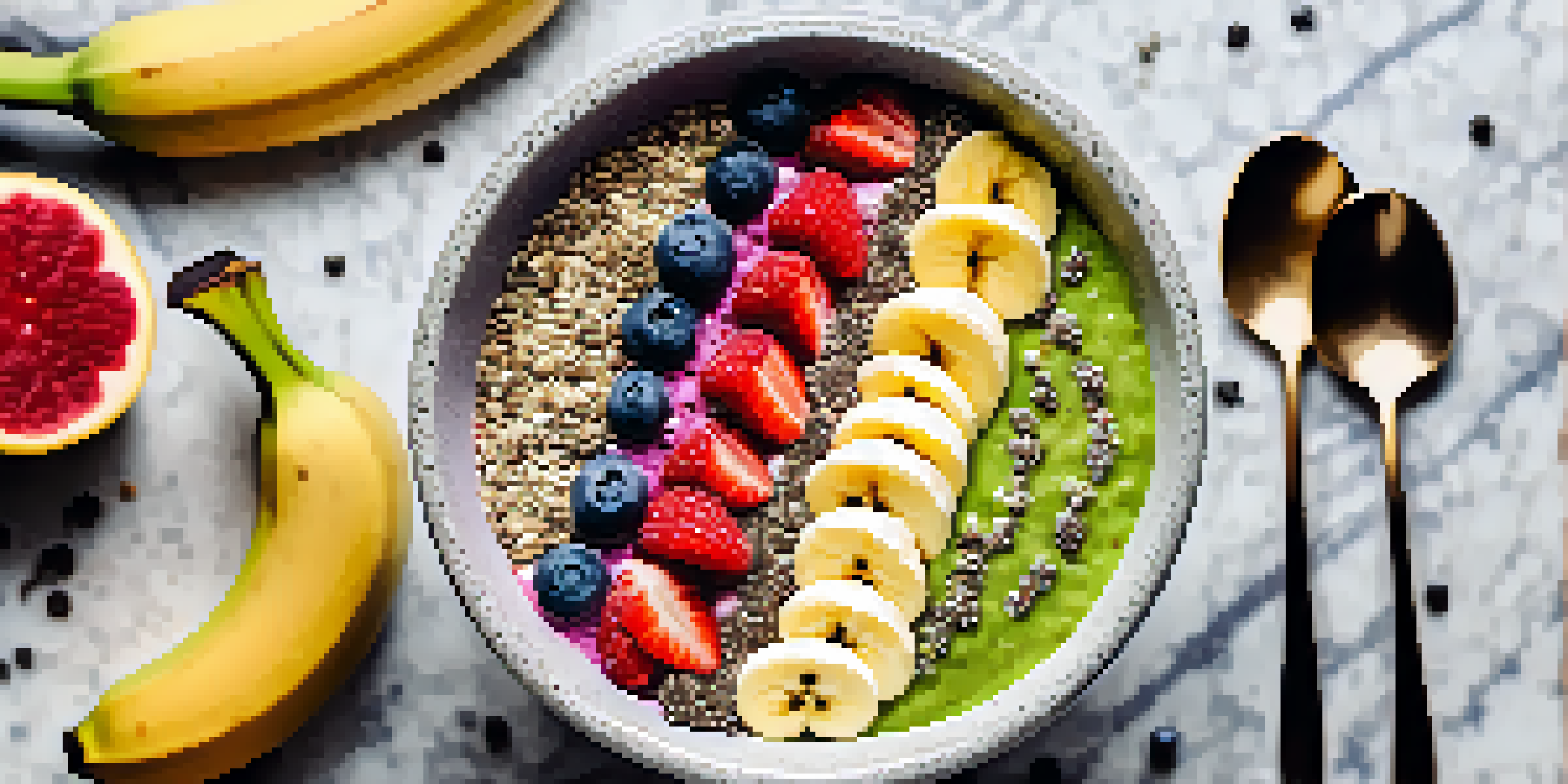 A close-up of a smoothie bowl with chia seeds and sliced bananas on a marble countertop.