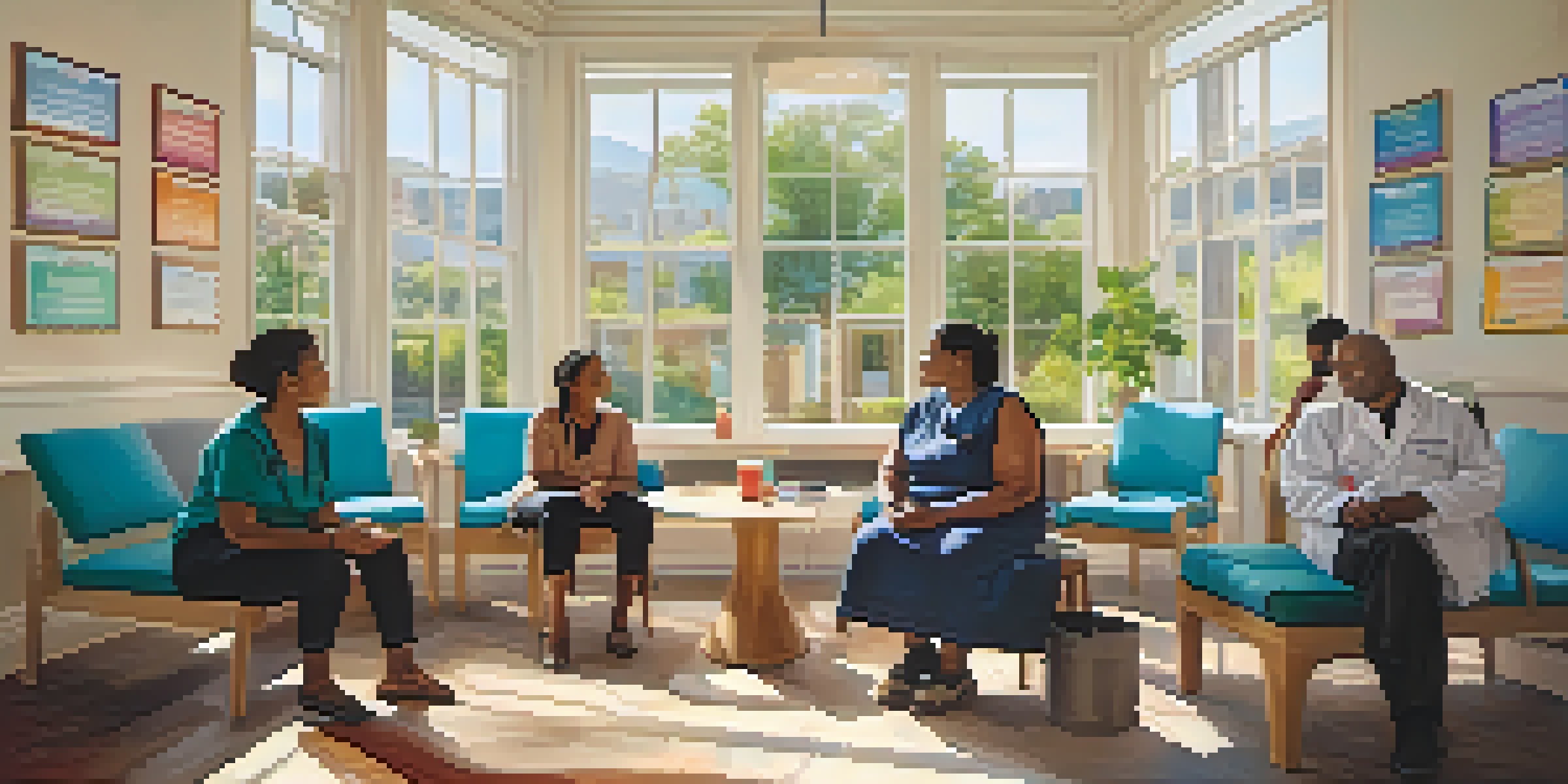A diverse group of healthcare providers interacting with patients in a bright, welcoming healthcare setting, promoting understanding and support for addiction treatment.