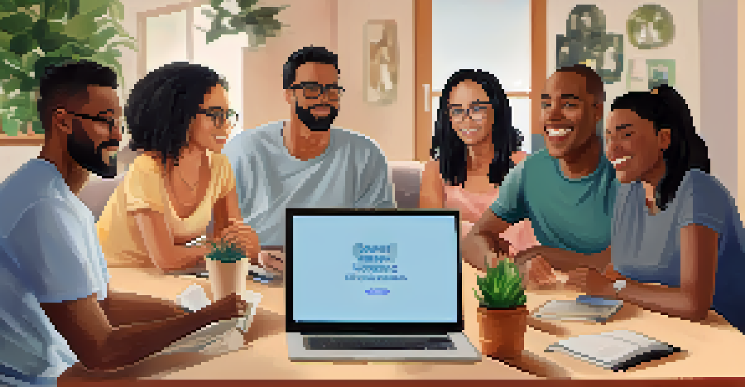 A virtual support group with diverse participants shown on their screens, each in their own home environment.