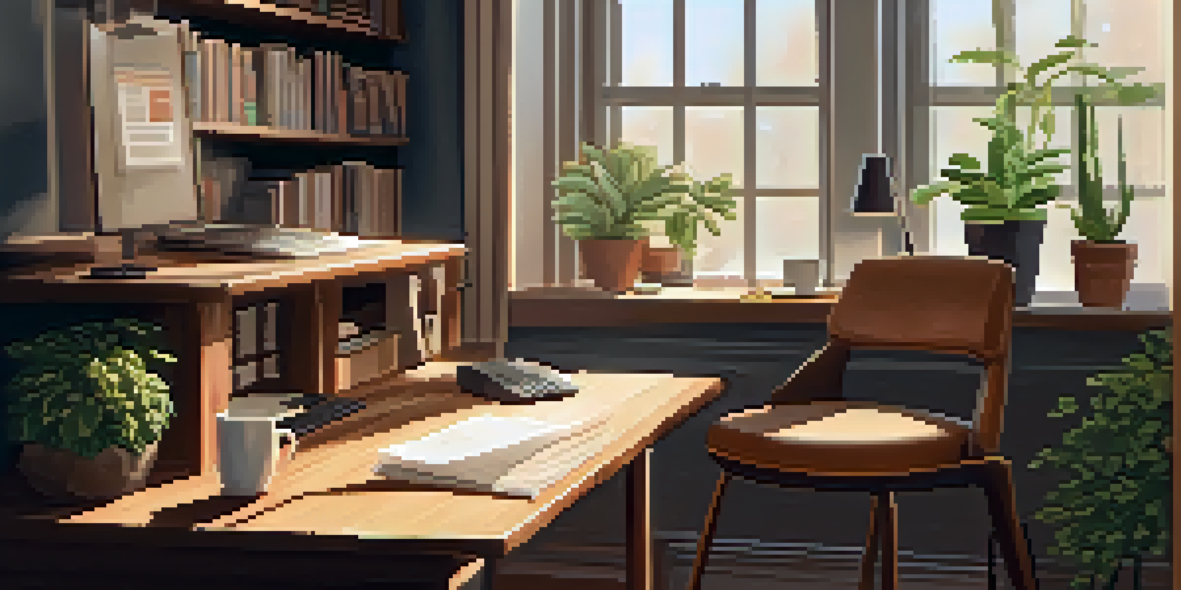 A warm and inviting home office setup with a laptop, plants, and a cup of coffee.