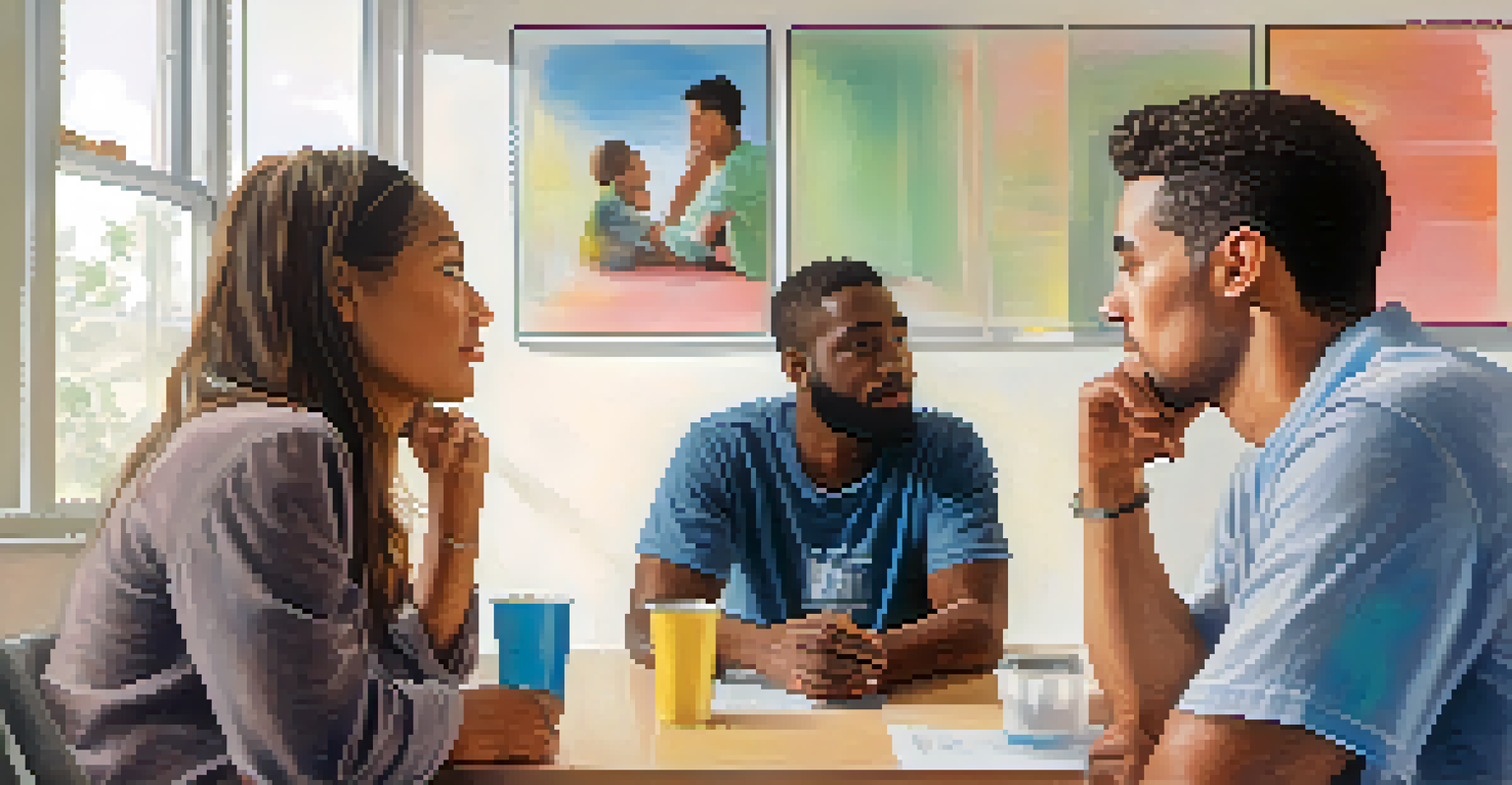 Two individuals sitting together in a bright room, sharing personal stories in a support group, with emotional expressions and supportive quotes on the walls.