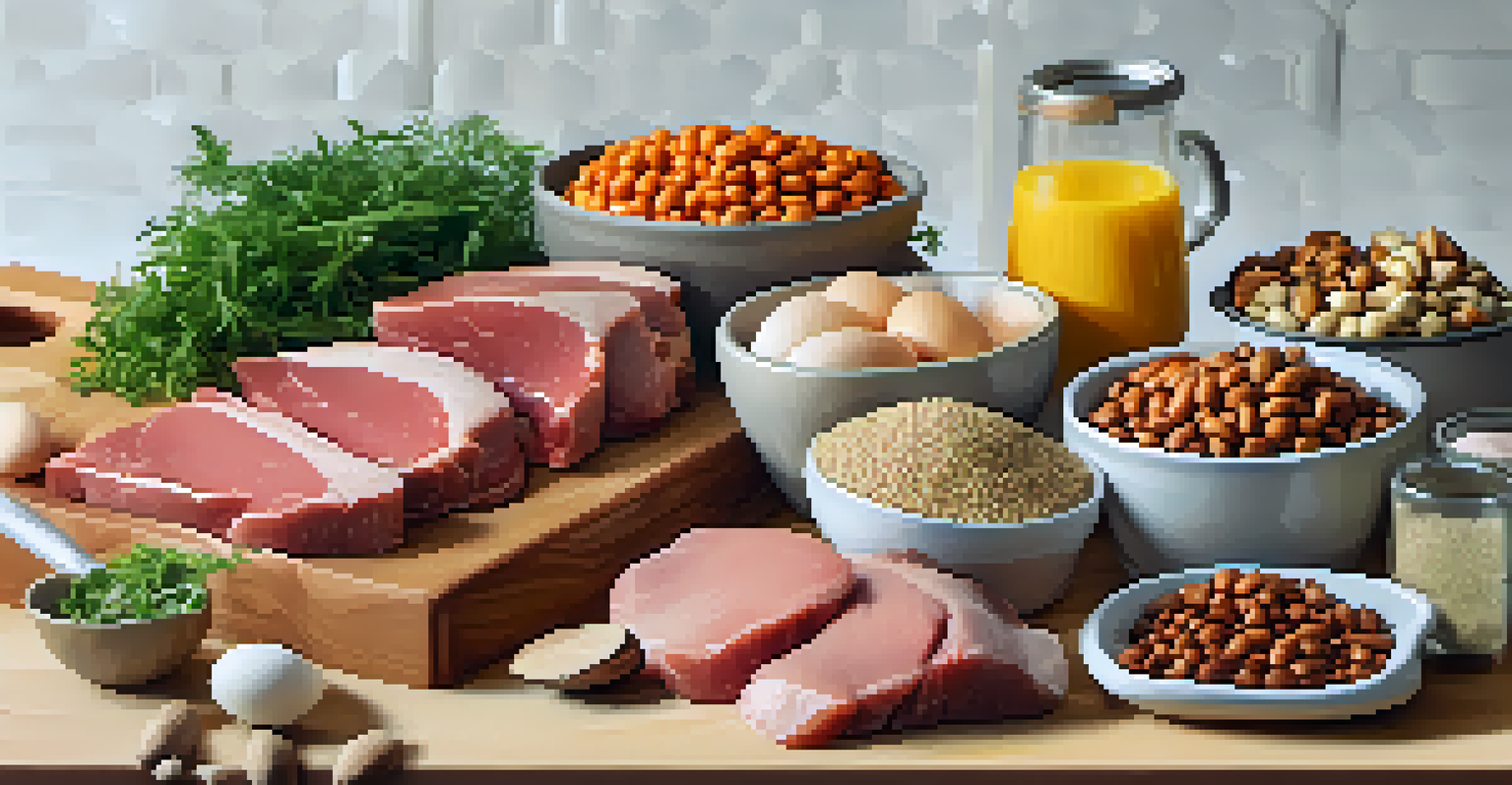 A colorful arrangement of protein-rich foods such as meats, eggs, and nuts on a wooden cutting board in a kitchen.