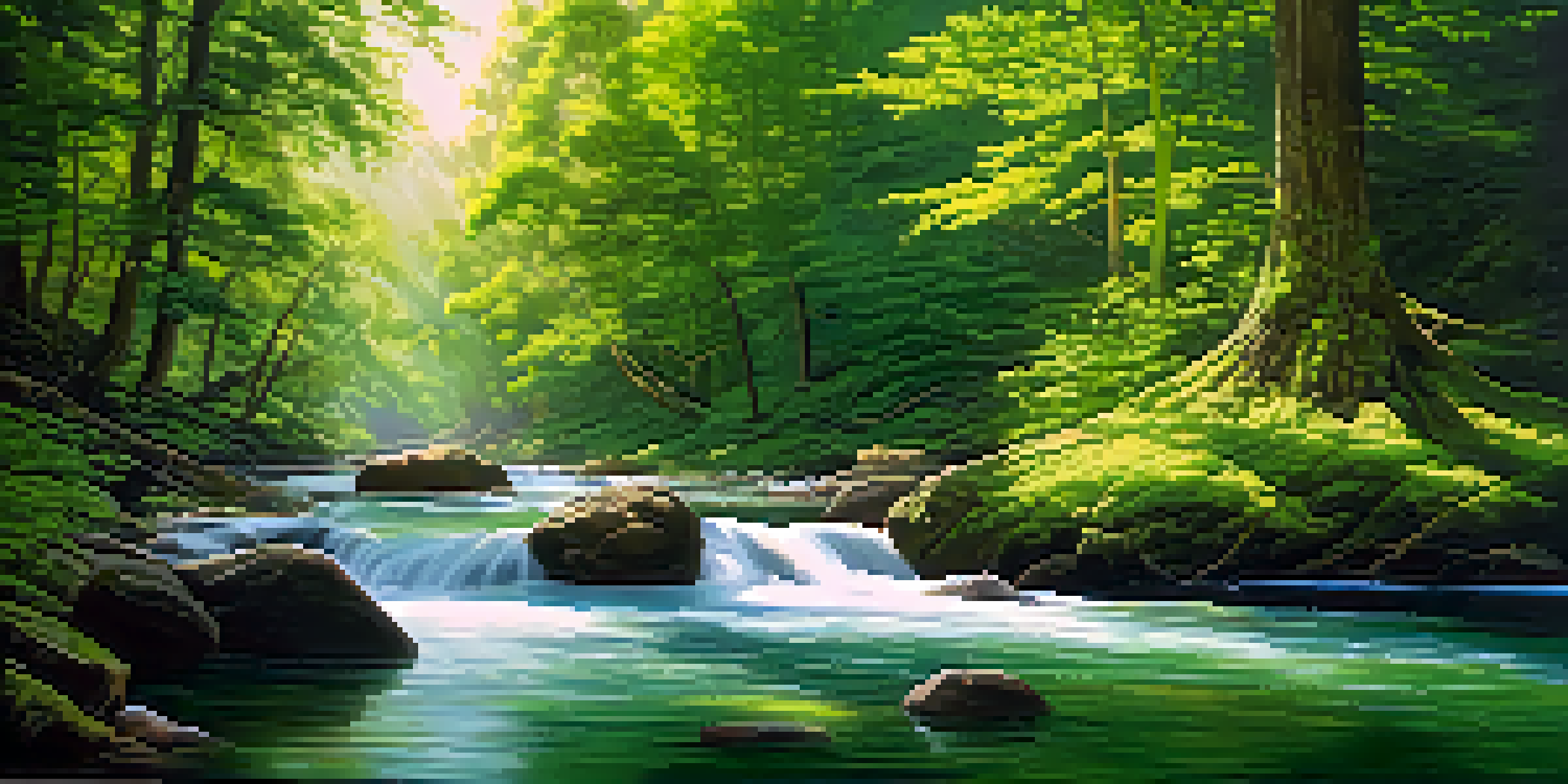 A peaceful river navigating through a green forest, with sunlight shining through the trees, representing the concept of neuroplasticity and renewal.