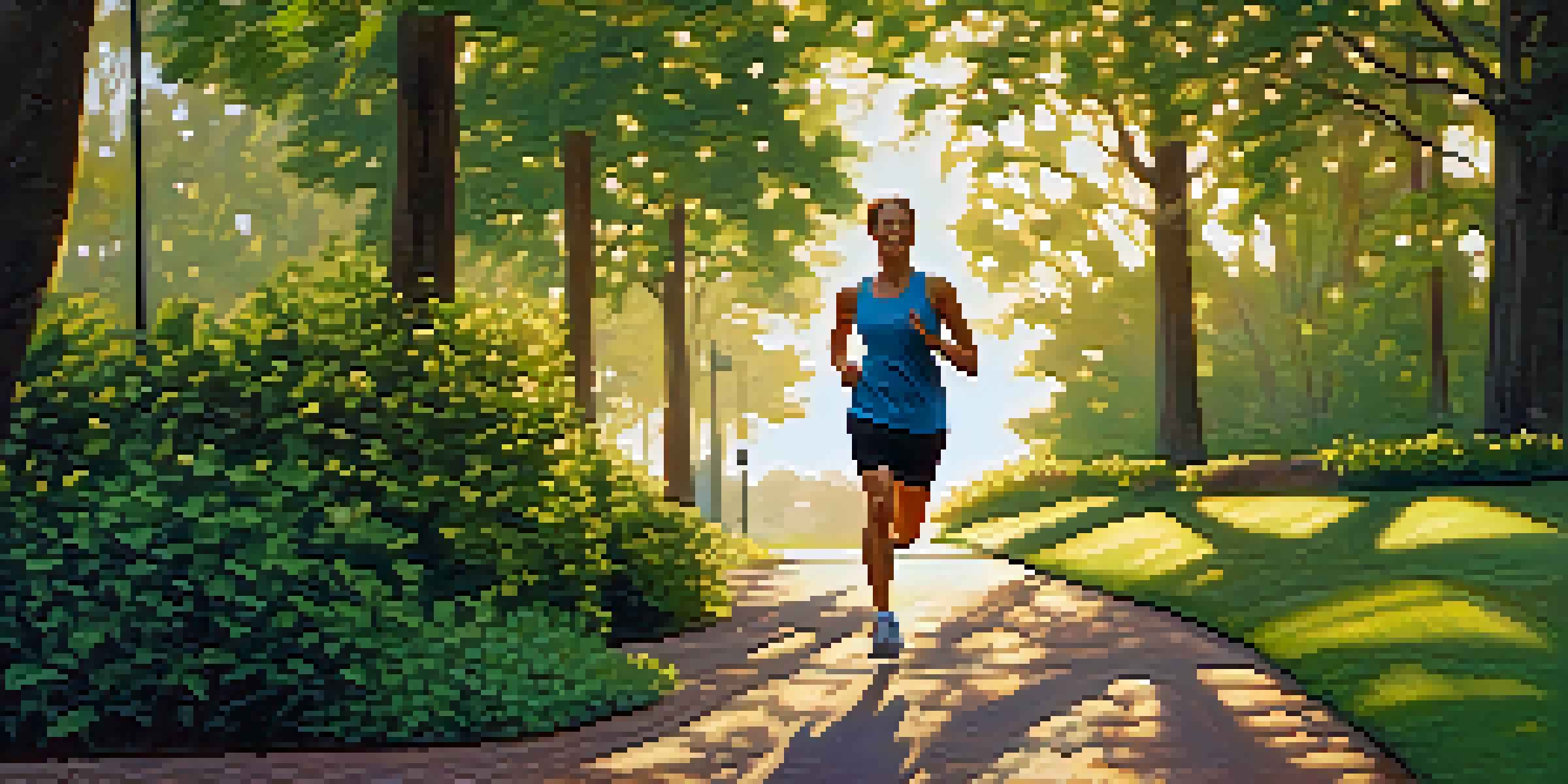 A person jogging in a green park at sunrise, surrounded by trees and soft golden light.