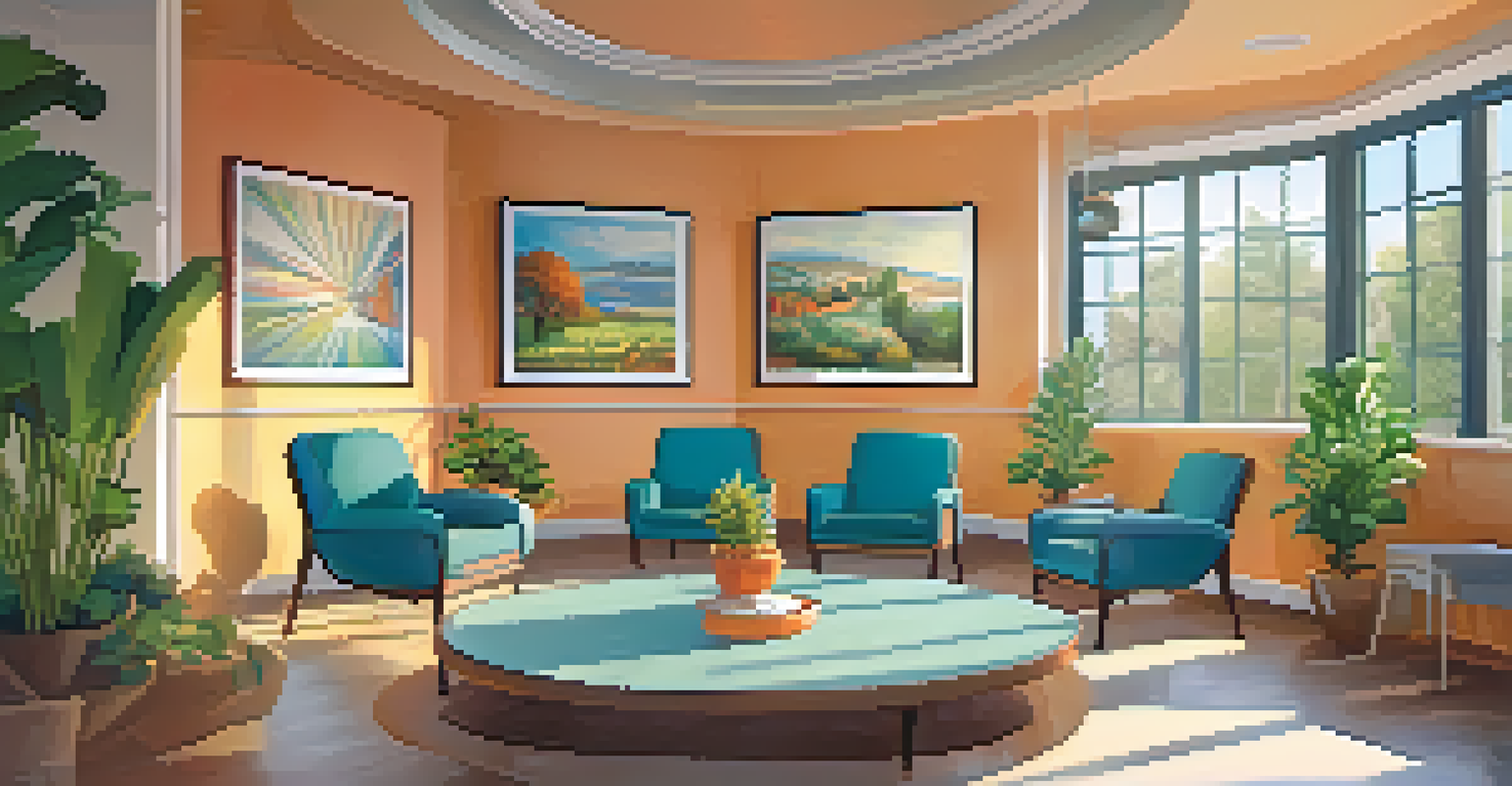 A community center room with chairs arranged in a circle for discussions, bright colors, and natural light coming through large windows.