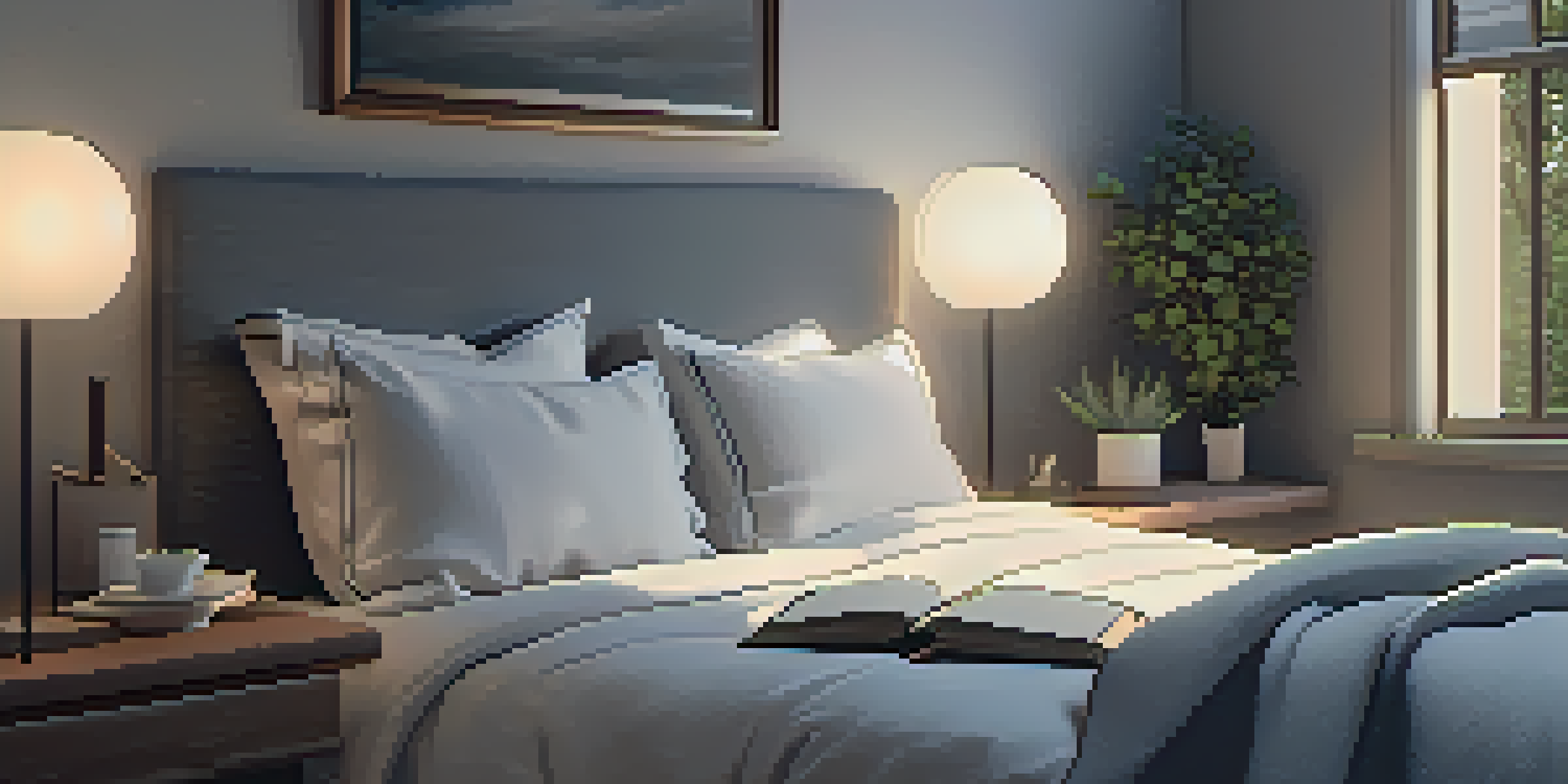 A peaceful bedroom with a cozy bed, soft lighting, and a bedside table with a plant and an open book.
