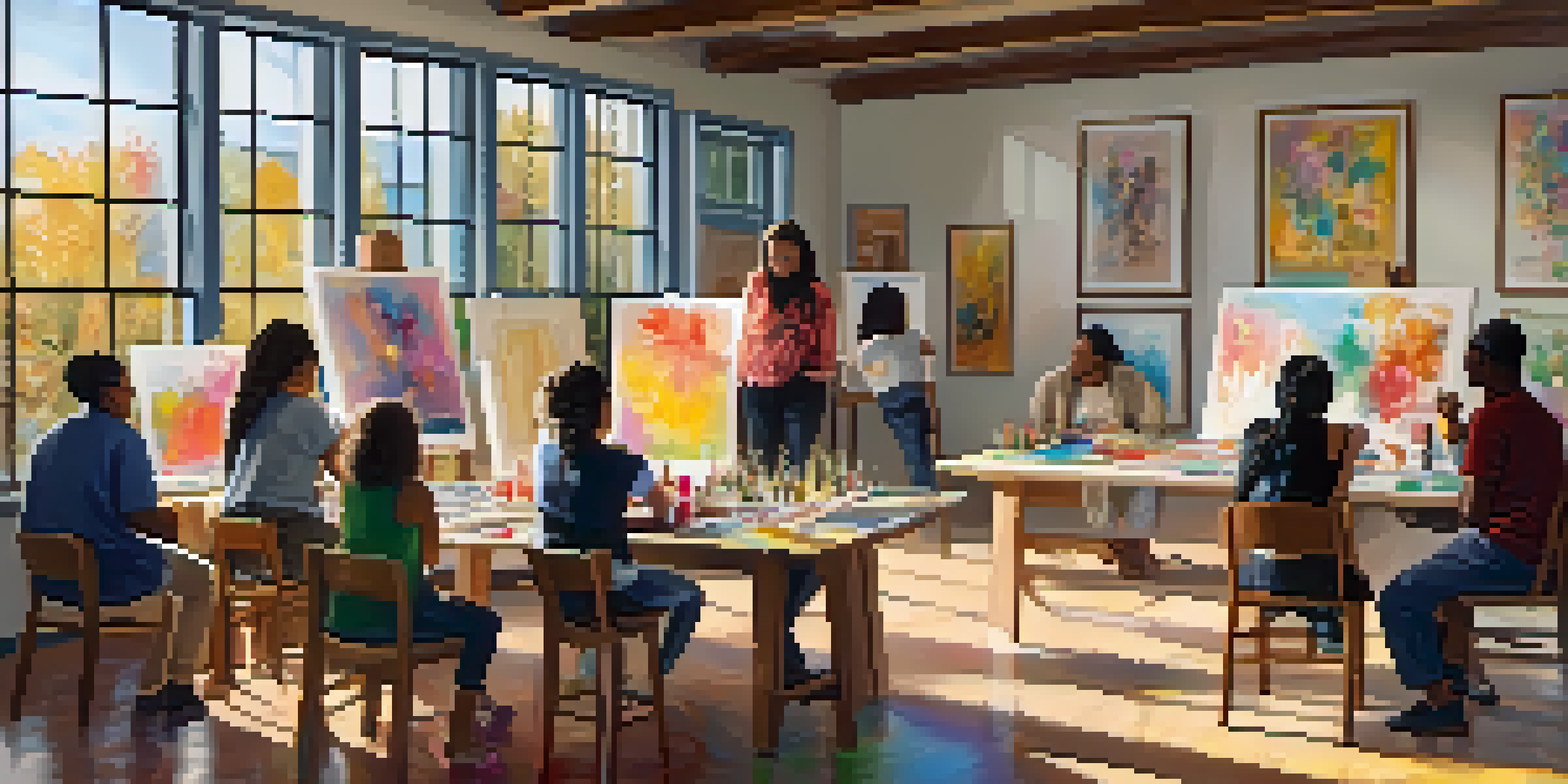 A group of people engaged in an art therapy session, surrounded by art supplies and bright natural light.
