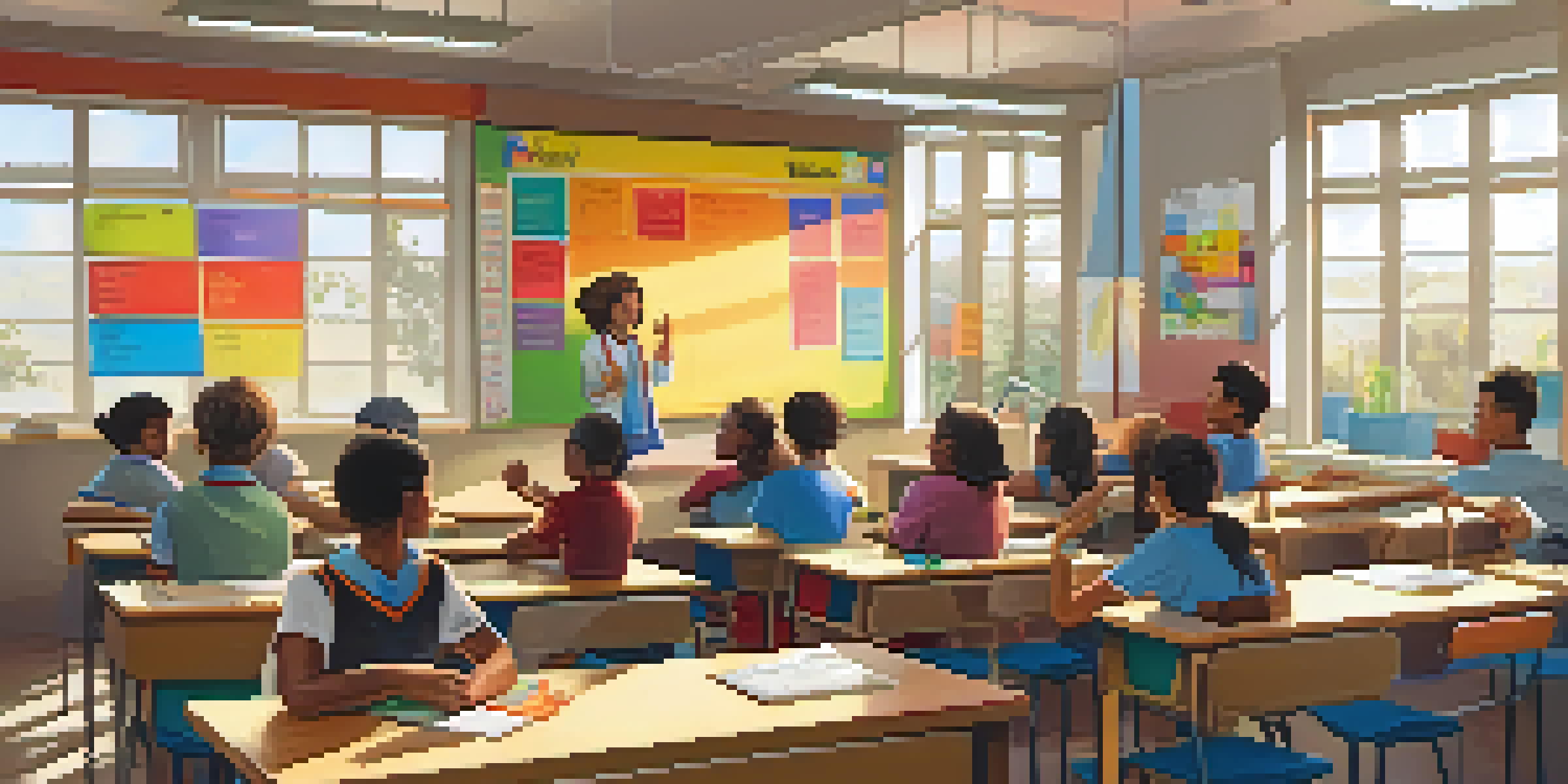 A classroom filled with diverse students attentively participating in a drug education lesson with a teacher explaining concepts using visual aids.
