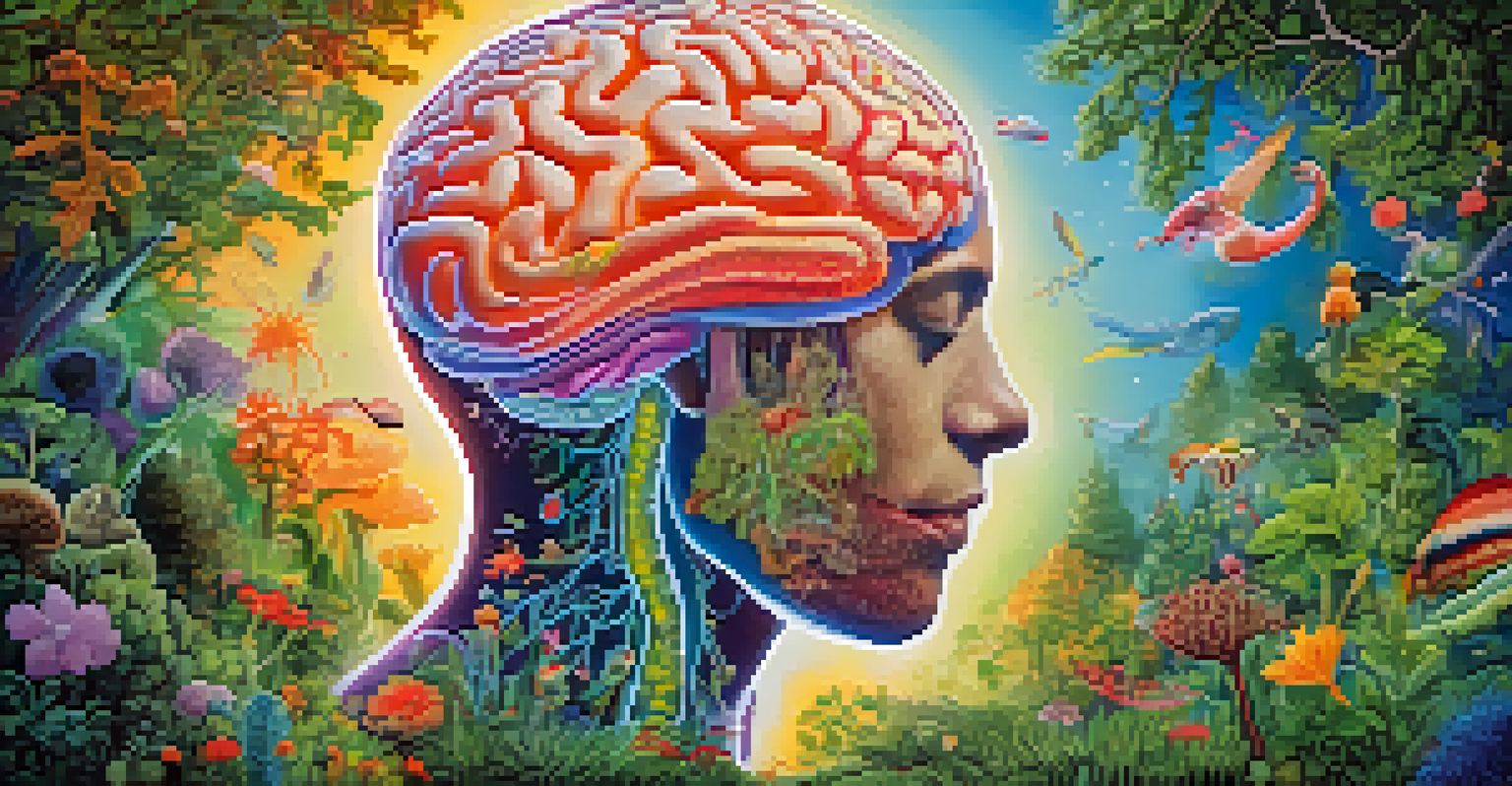 An artistic representation of the gut-brain connection showing the human silhouette with a vibrant gut and brain connected by a glowing pathway.