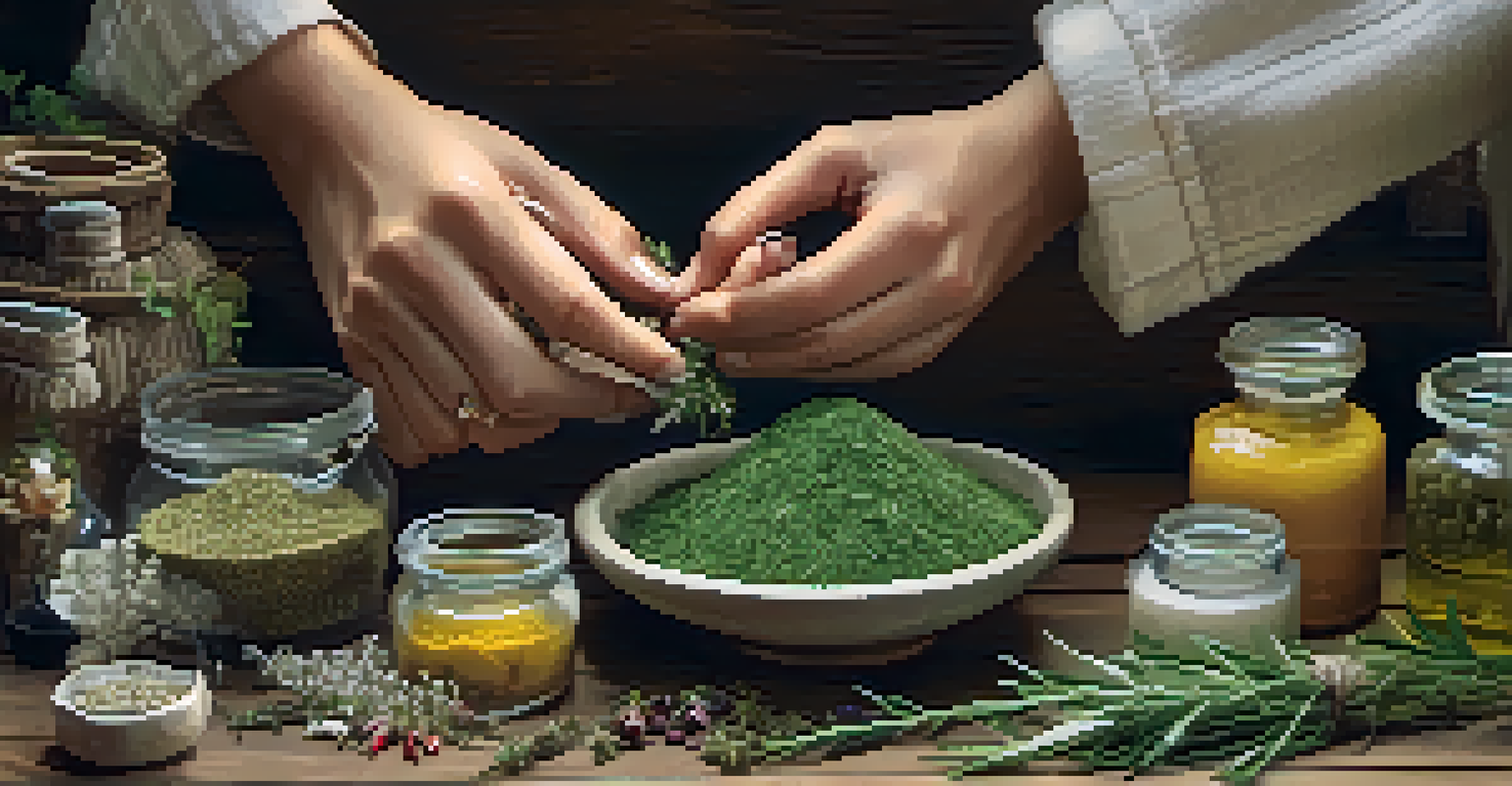 Close-up of hands exchanging herbal remedies on a rustic wooden table, surrounded by herbs and jars, with soft natural light.