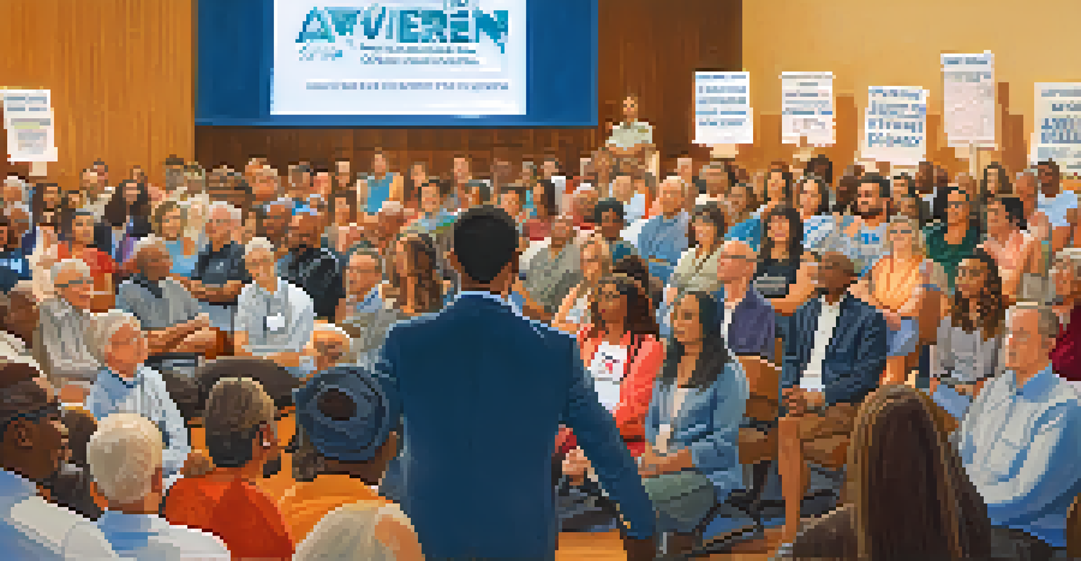 A community leader speaking at a town hall meeting, advocating for recovery initiatives, with engaged community members holding signs of support.
