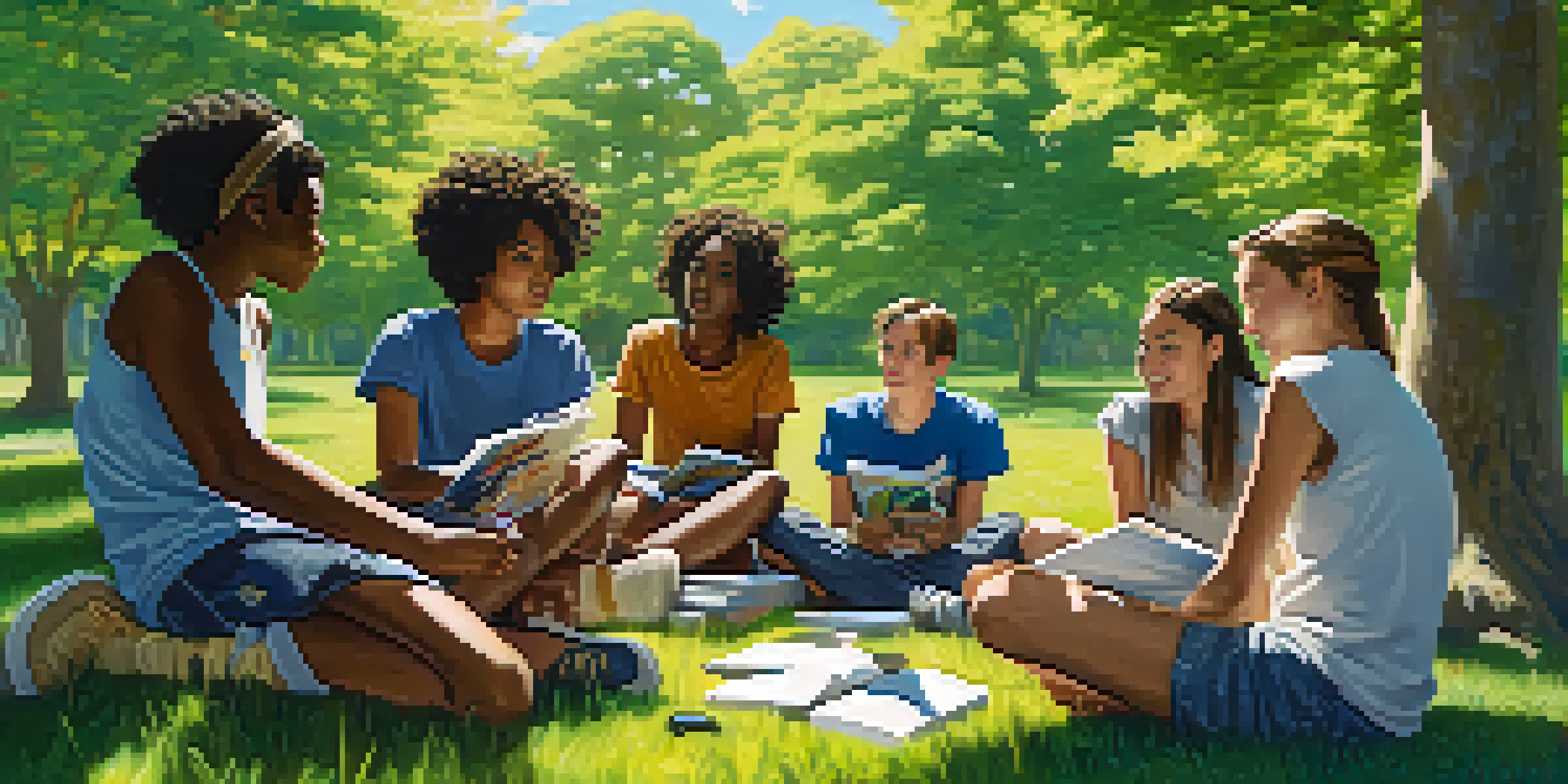 A diverse group of teenagers sitting in a circle on grass, discussing media messages with books and laptops around them.