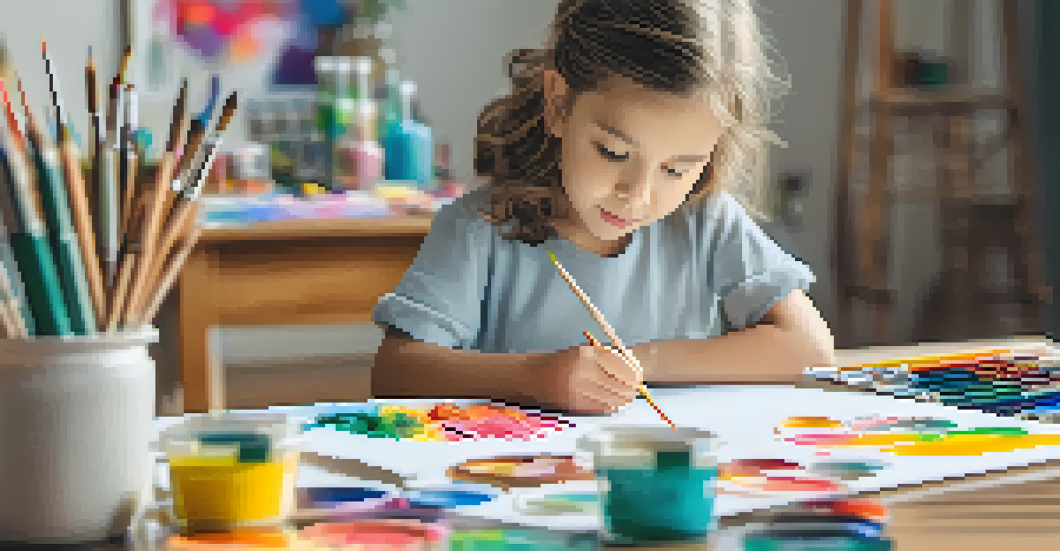 A child engaged in art therapy, painting on a canvas with bright colors and various art supplies surrounding them.