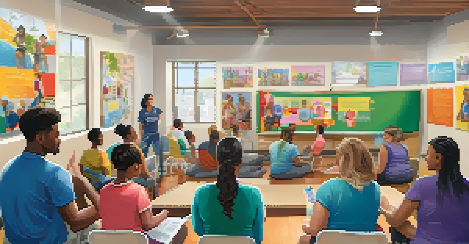 A community center workshop on addiction awareness with a facilitator and engaged audience.