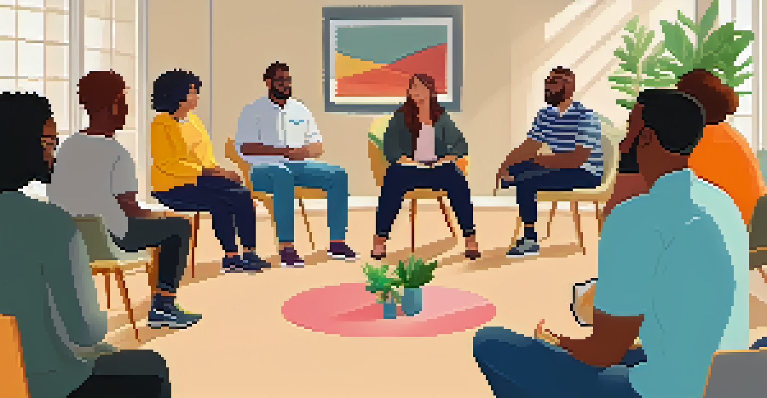 A diverse group therapy session in a bright room, with participants seated in a circle and engaging in discussion.