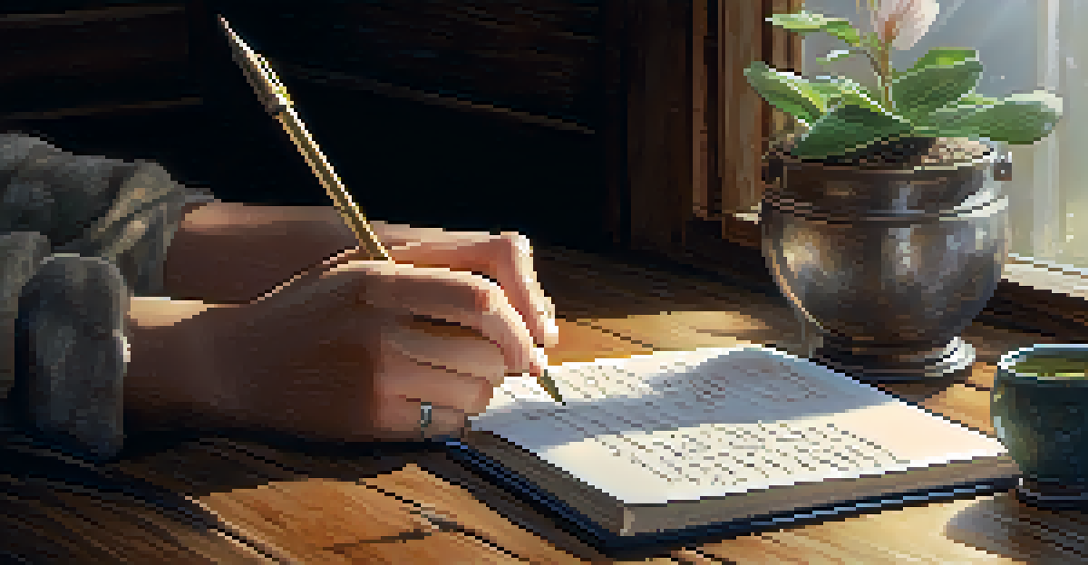 Hands writing in a journal on a rustic table with a cup of tea and a plant, symbolizing personal growth.