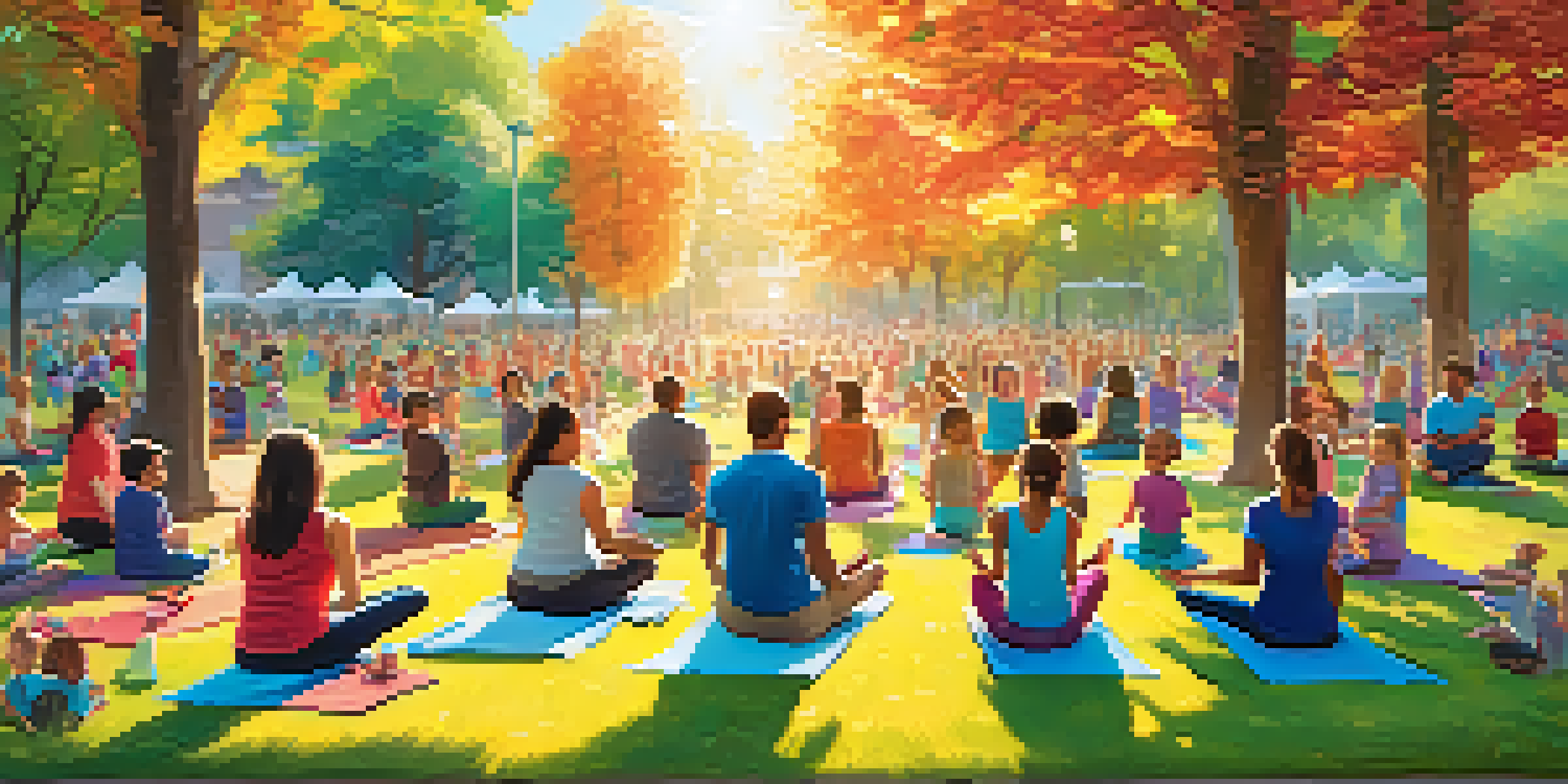 A lively community event in a park with families enjoying a wellness workshop, colorful banners, children playing, and adults practicing yoga under sunlight.