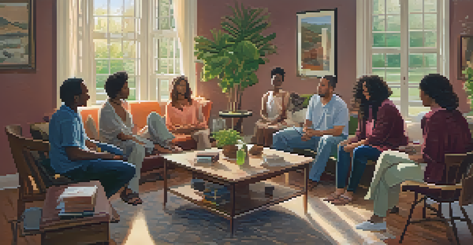 A cozy room with soft lighting where a diverse group of individuals are engaged in a compassionate discussion, conveying warmth, understanding, and community support.