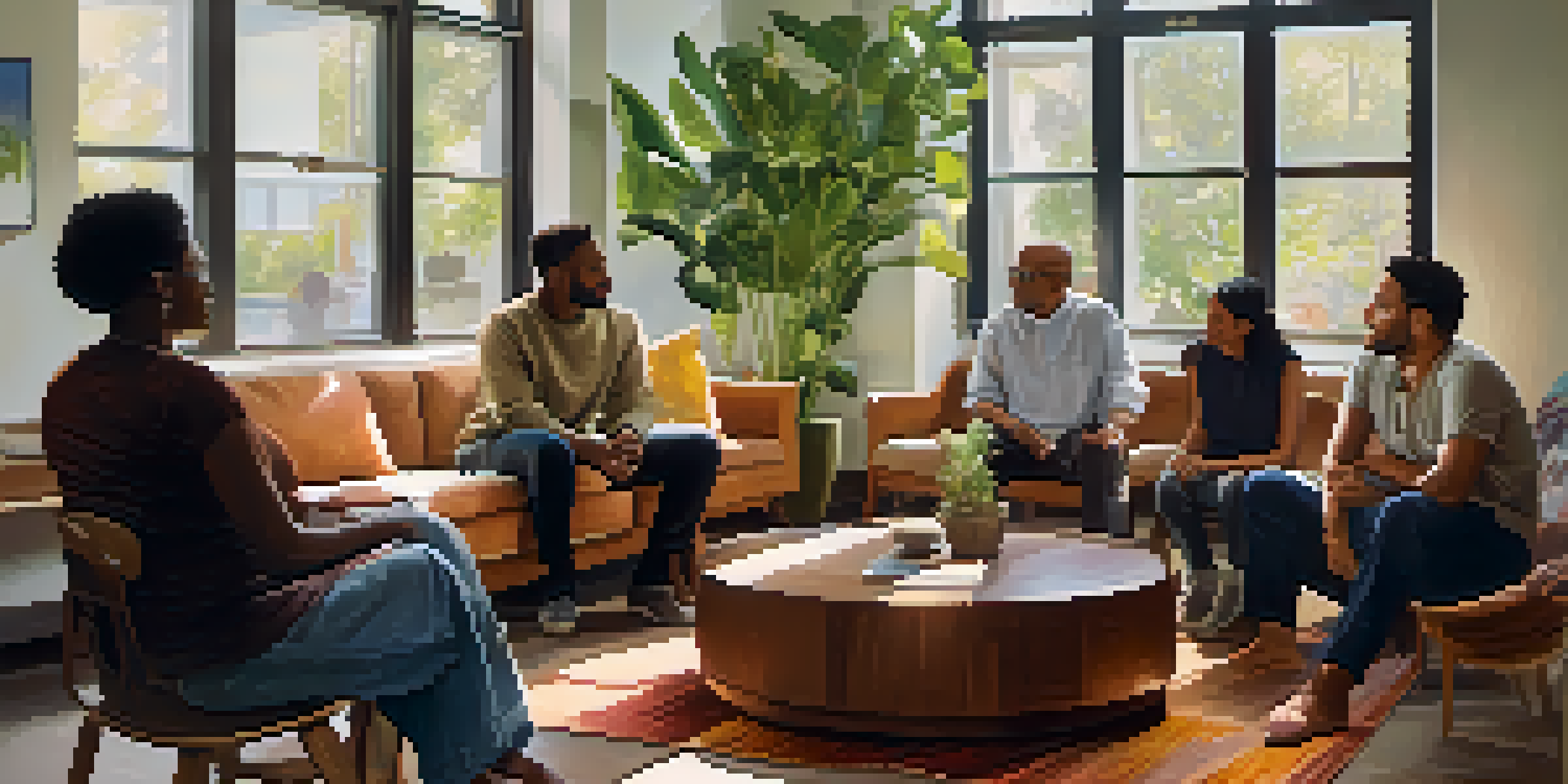 A diverse group of individuals in a supportive group therapy setting, seated in a circle and engaging in conversation.