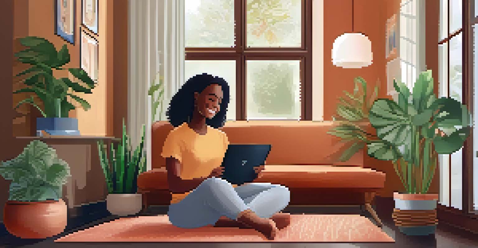A person using a tablet for an online support group in a cozy living room, with plants and natural light creating a warm atmosphere.