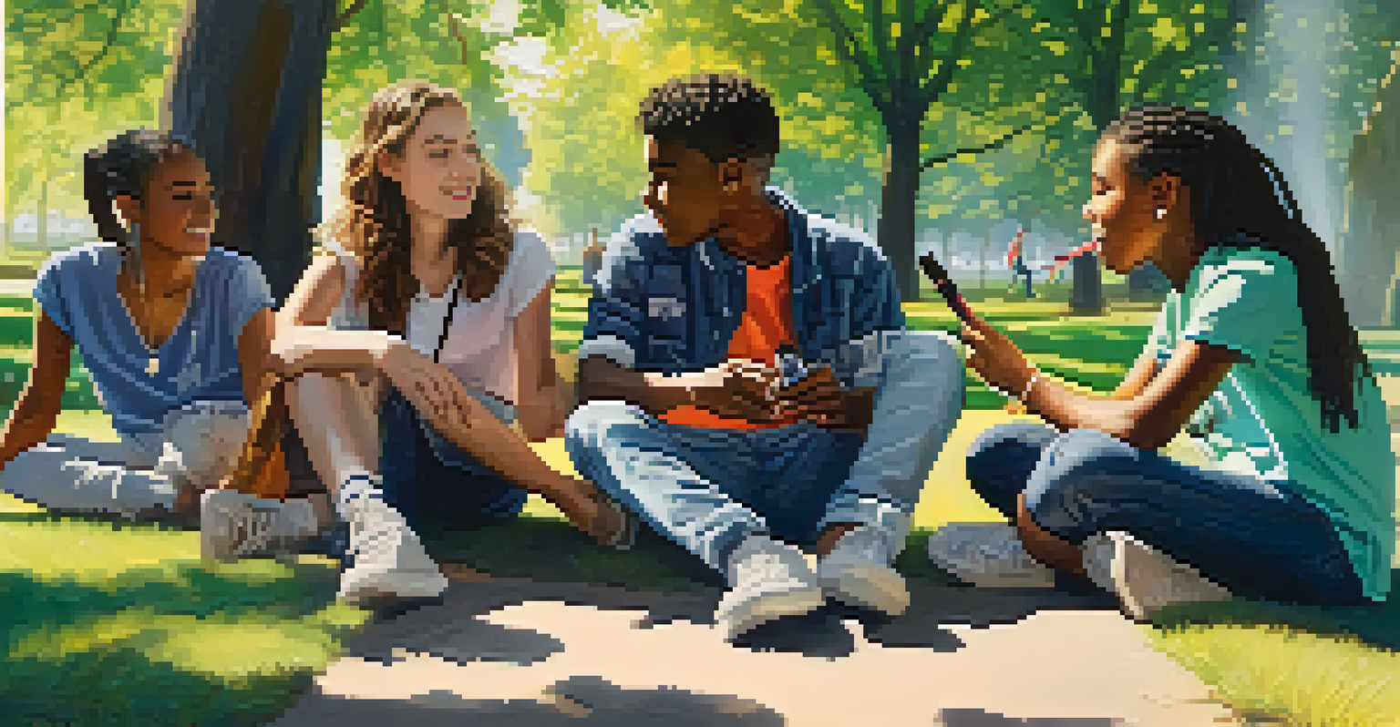 A group of teenagers chatting in a park, with one holding a vaping device, under the dappled sunlight of trees.