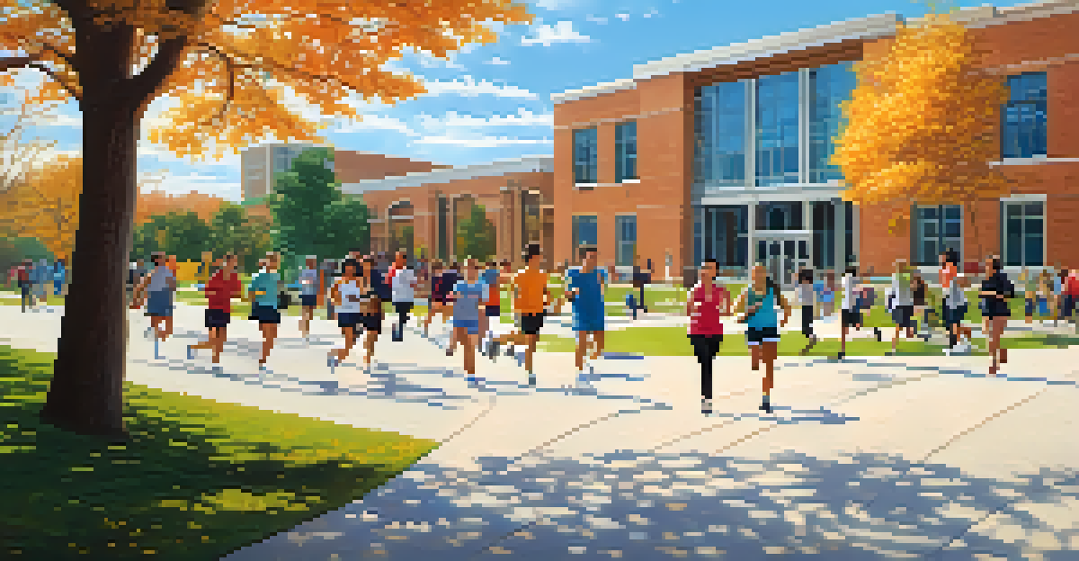 A vibrant college campus with students engaging in healthy activities like jogging and studying, showcasing a positive community atmosphere.