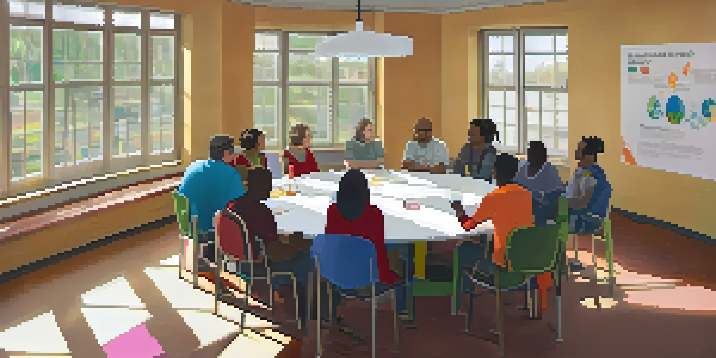A diverse group of individuals participating in a harm reduction workshop in a community center, engaged in conversation around a large table.