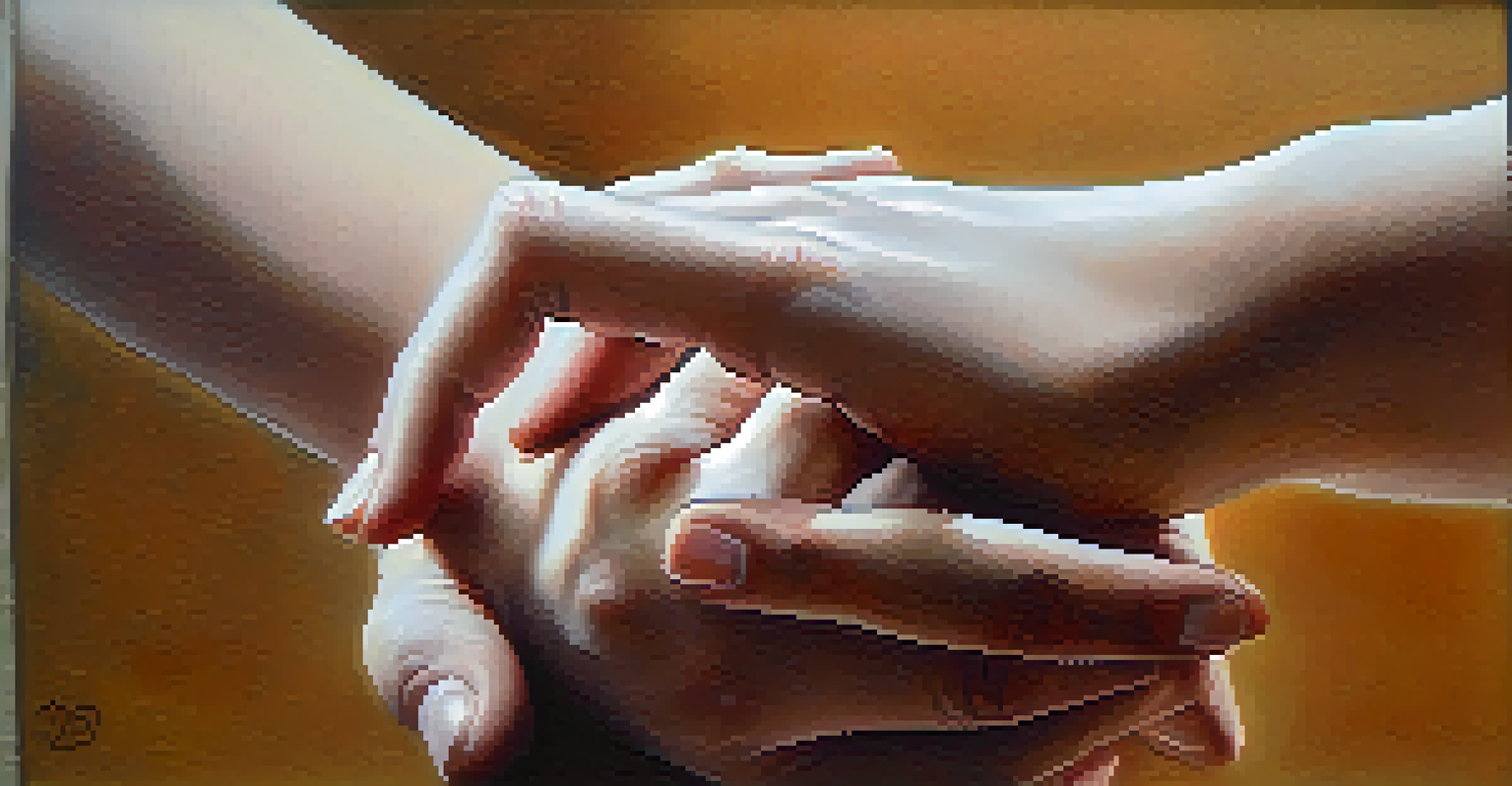 Close-up of two hands gently touching, symbolizing support and connection.