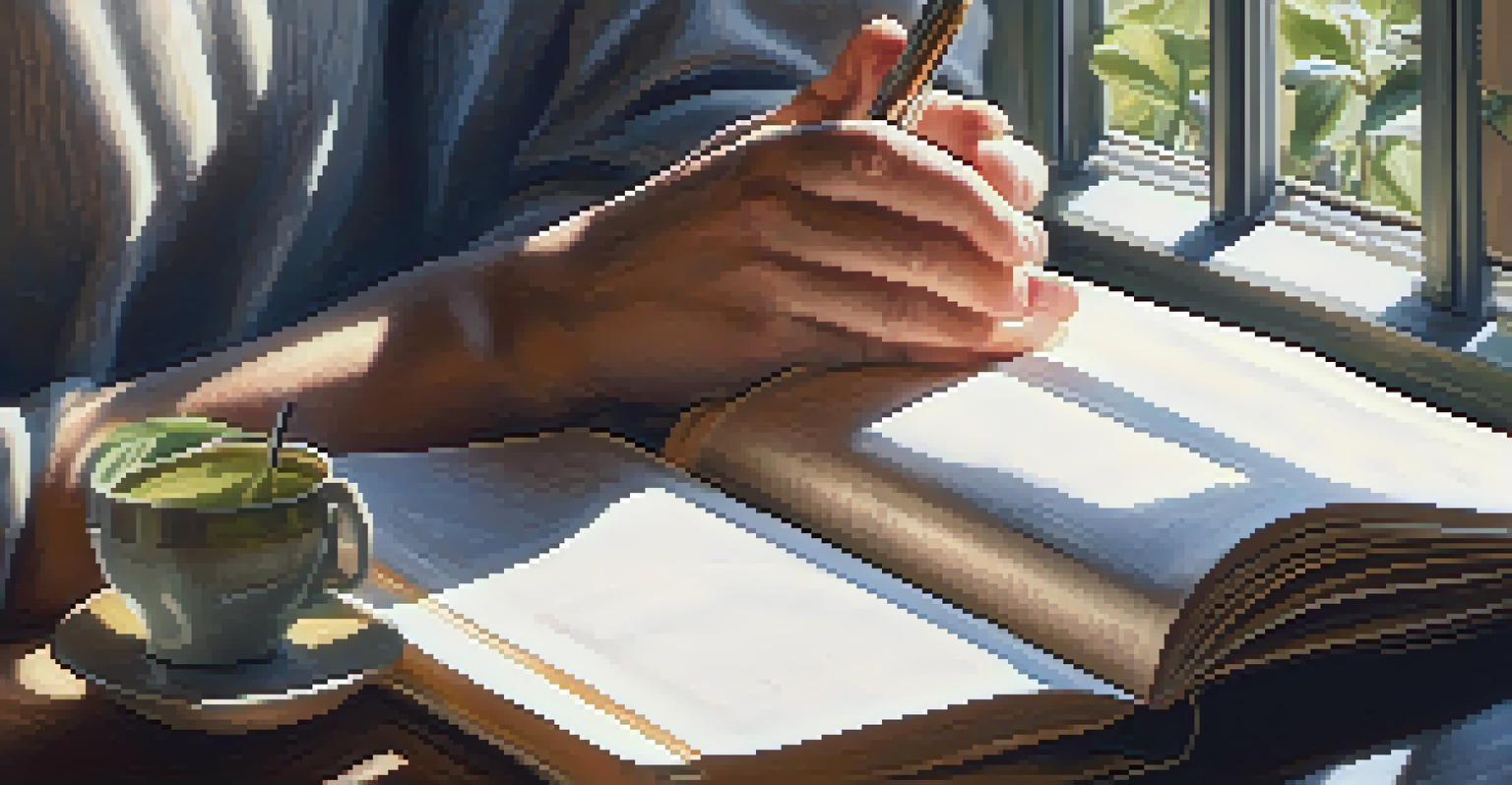 Hands holding a cup of herbal tea on a table with a notebook and pen, symbolizing self-care and reflection.