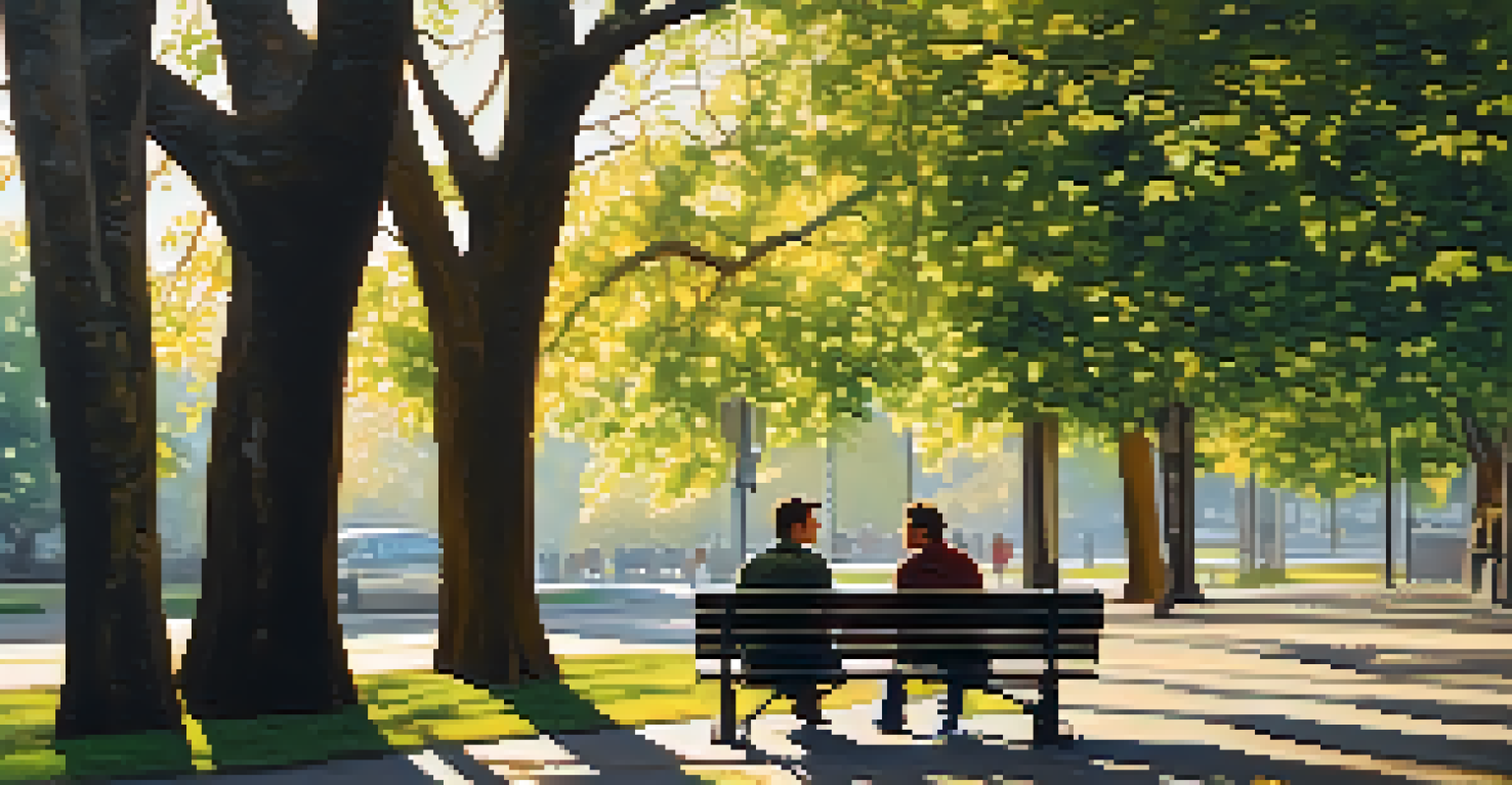 Two friends sitting on a park bench, having a deep conversation in a sunlit outdoor setting.