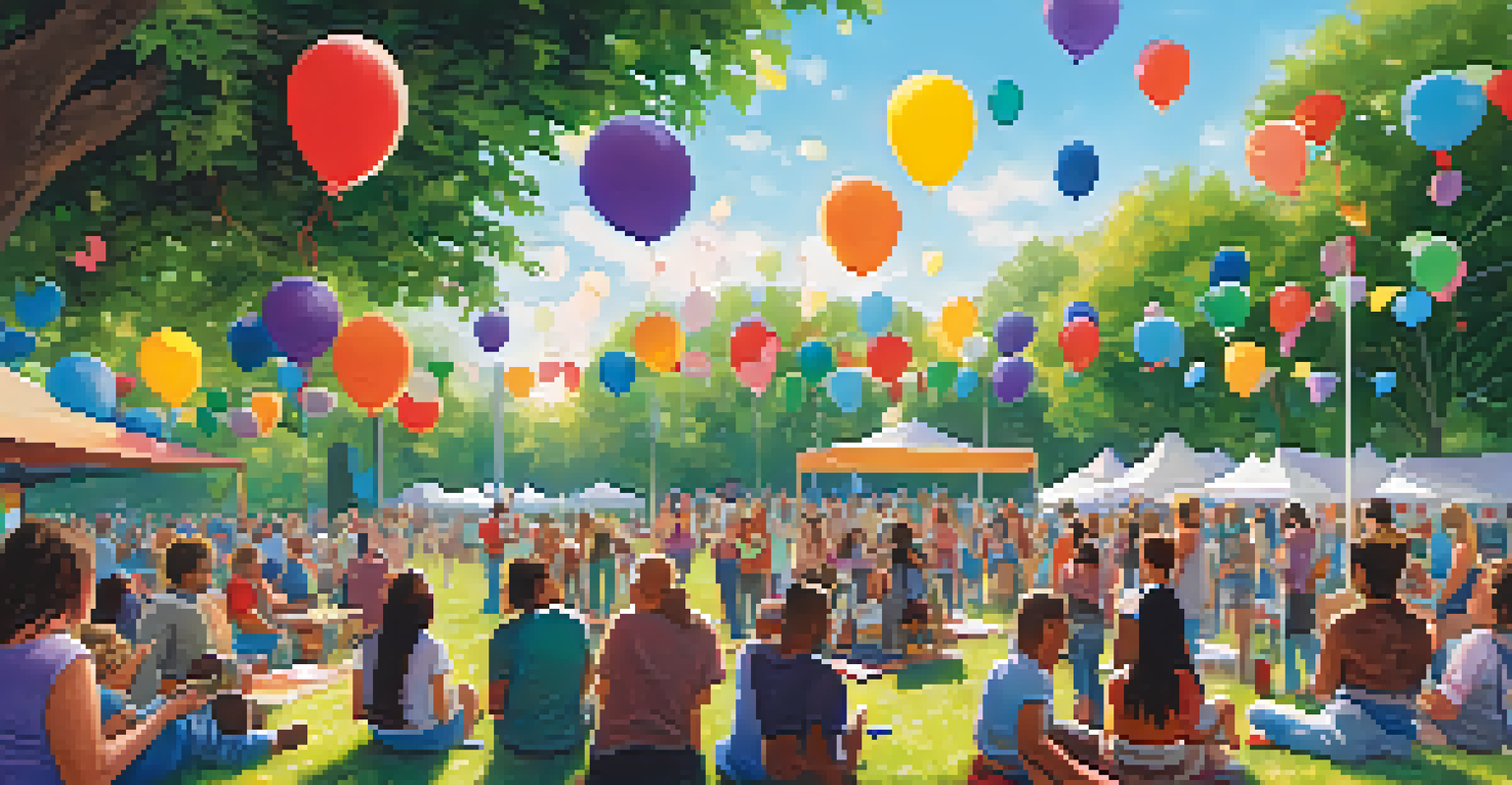 A community event in a park for addiction recovery, with people engaging in activities and sharing stories under a clear blue sky.