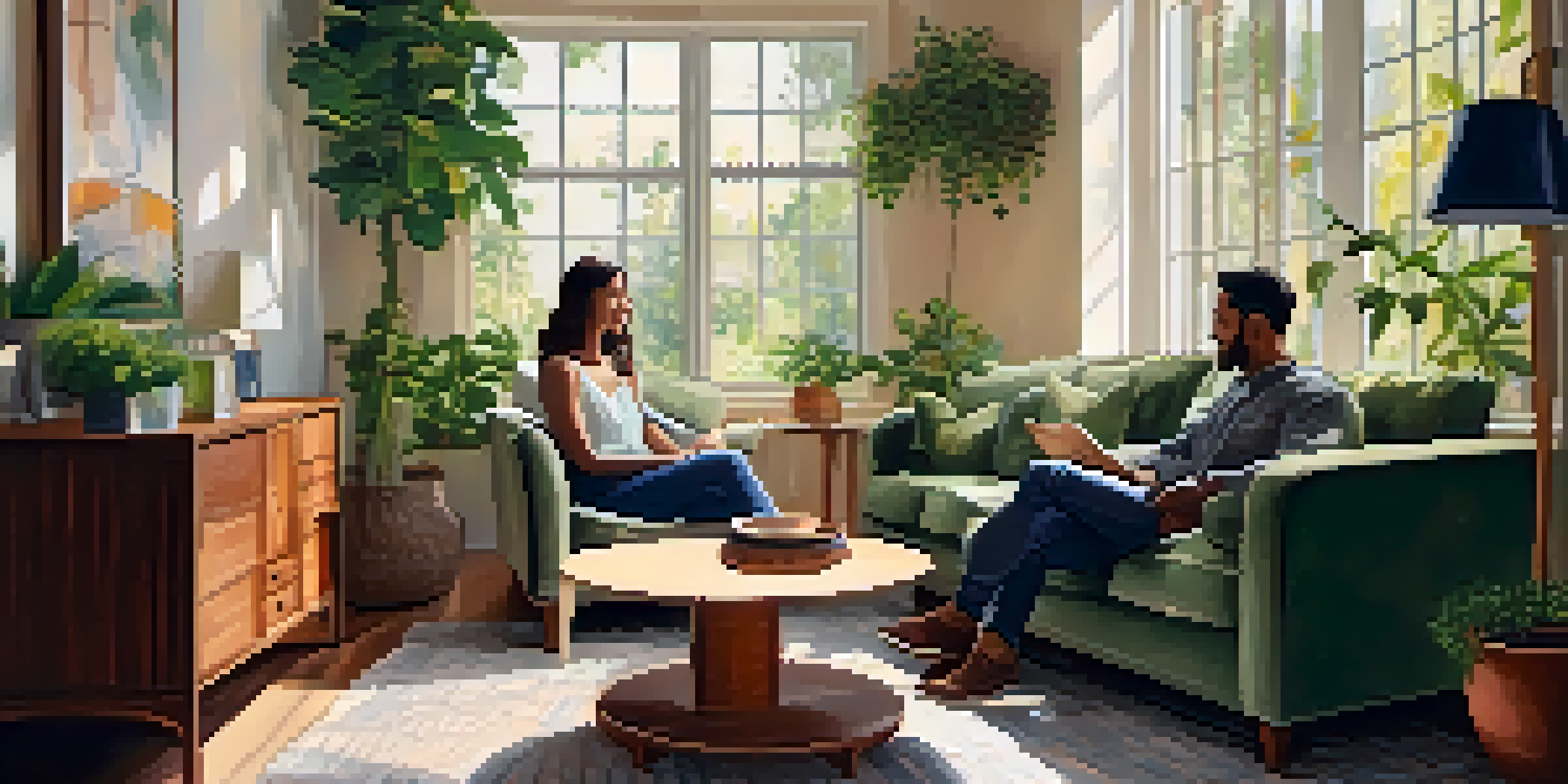 A couple sitting on a couch in a well-decorated living room, engaged in a warm conversation under soft lighting.