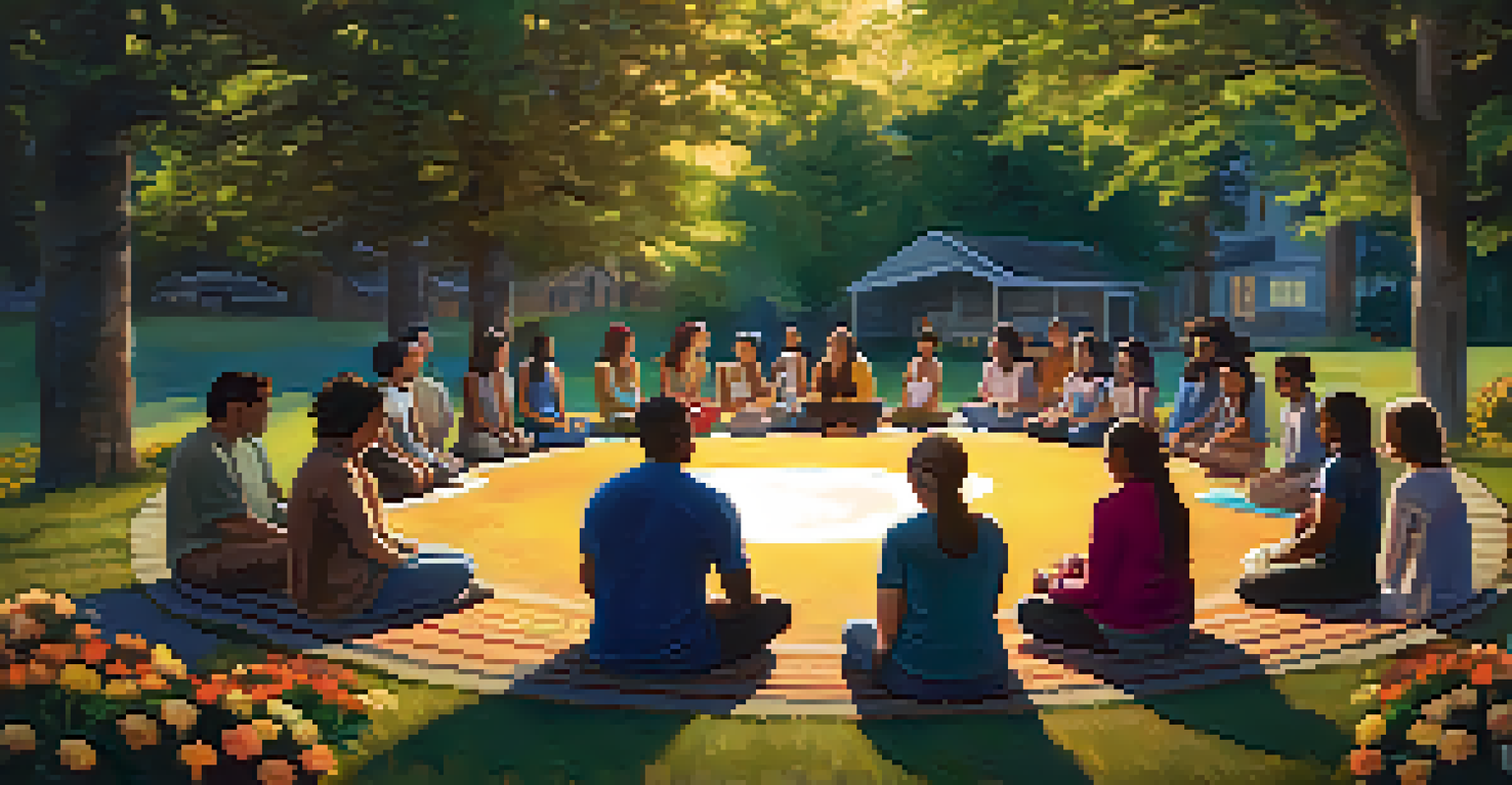 A group of people sitting in a circle for a prayer session in a flower-filled garden.