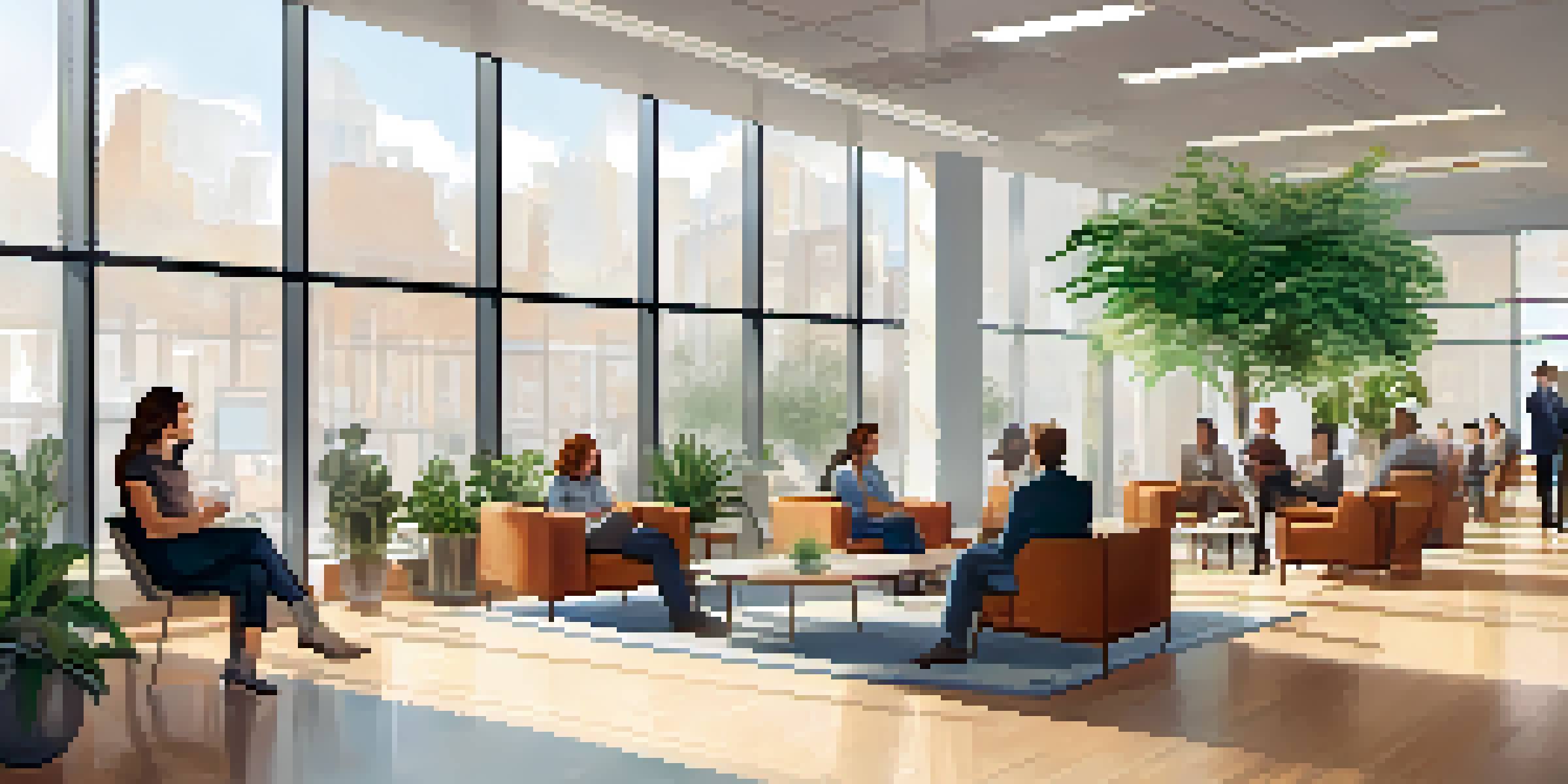 A diverse group of employees having a supportive conversation in a warm office setting, with natural light and plants around them.
