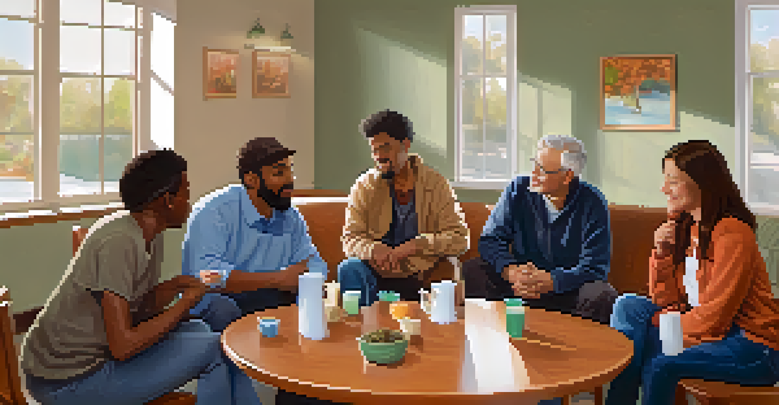A support group meeting in a cozy community center with individuals sharing experiences in a warm and inviting environment.